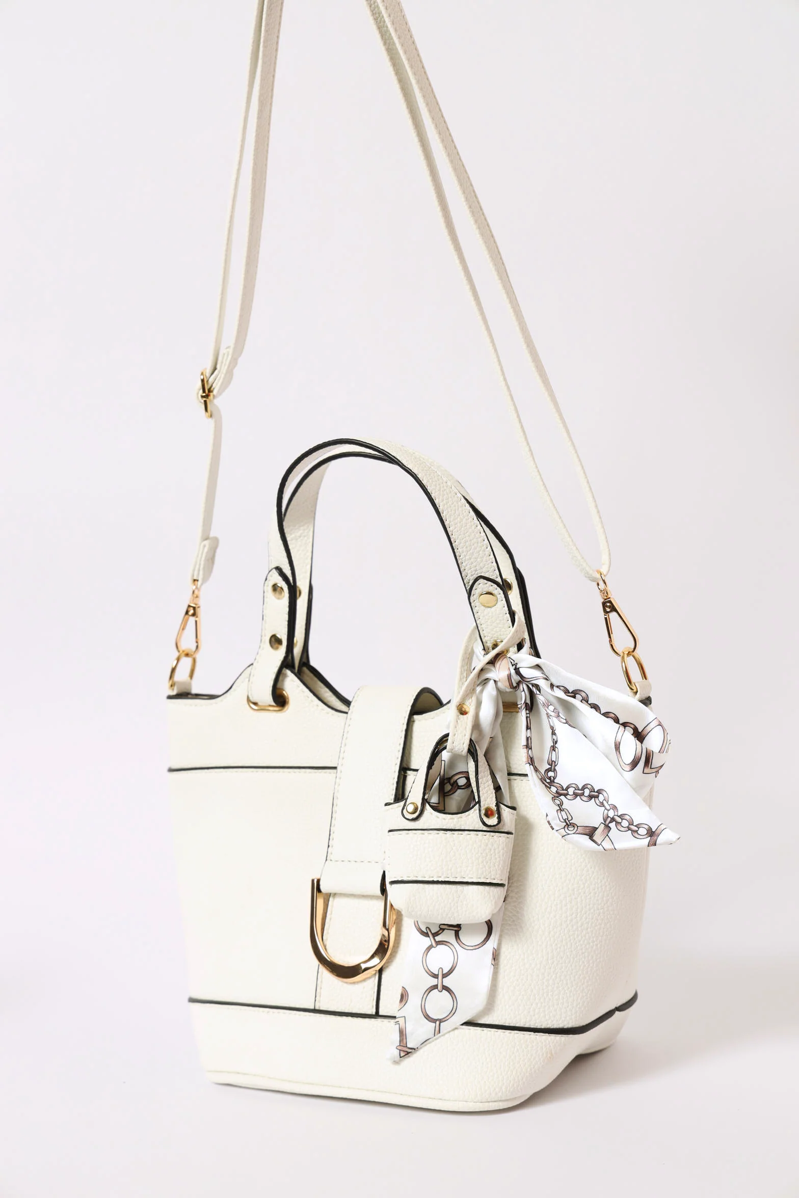 Satin Scarf & Bag Charm Detail Bucket Bag - Off White - Image 3