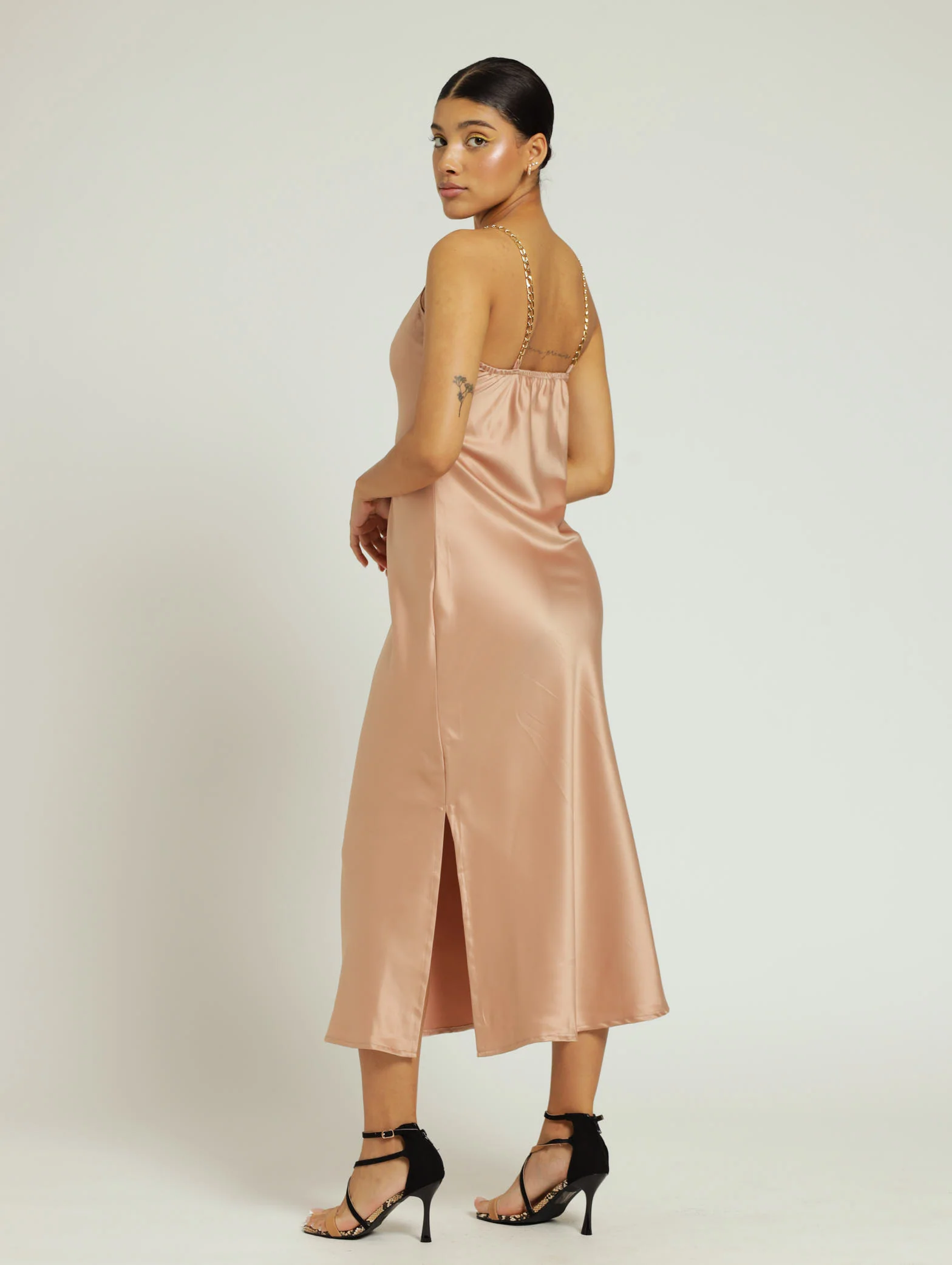 Satin Slip Dress With Chain Straps - Brown - Image 2