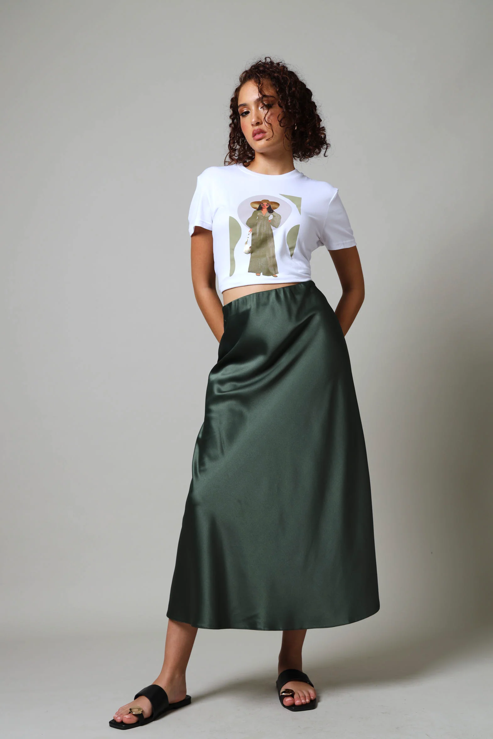 Satin Slip Skirt- Olive - Image 2