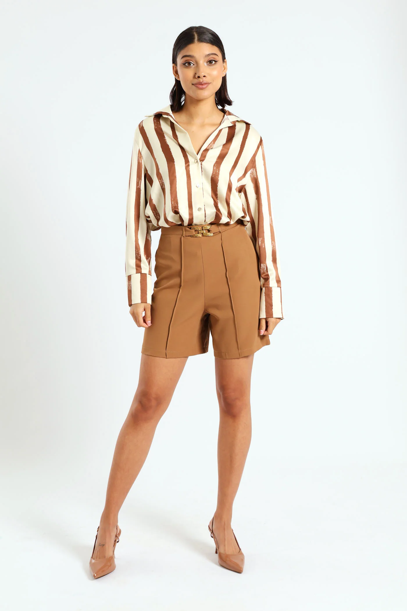 Satin Stripe Shirt - Beige/Cream - Image 2