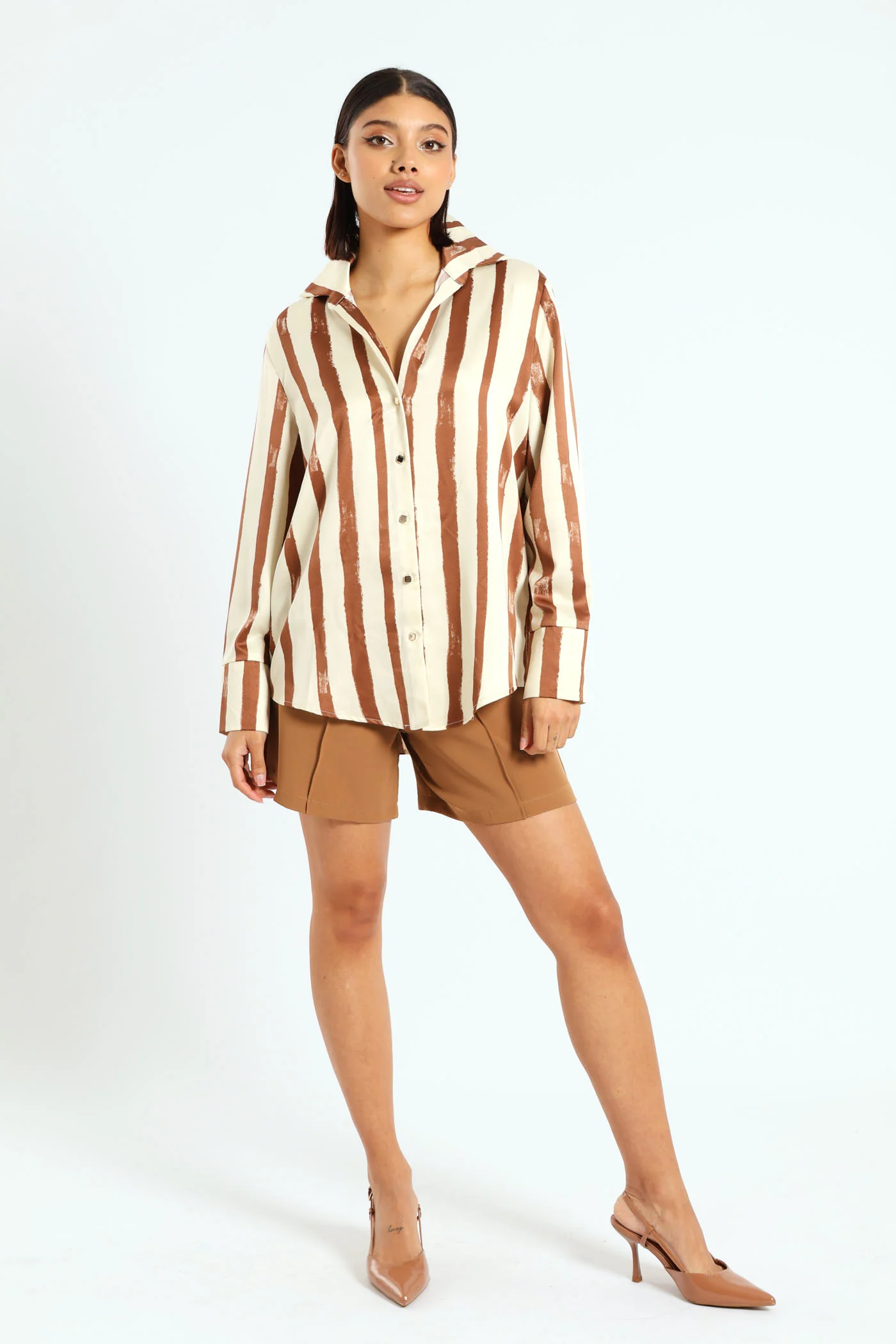 Satin Stripe Shirt - Beige/Cream - Image 3