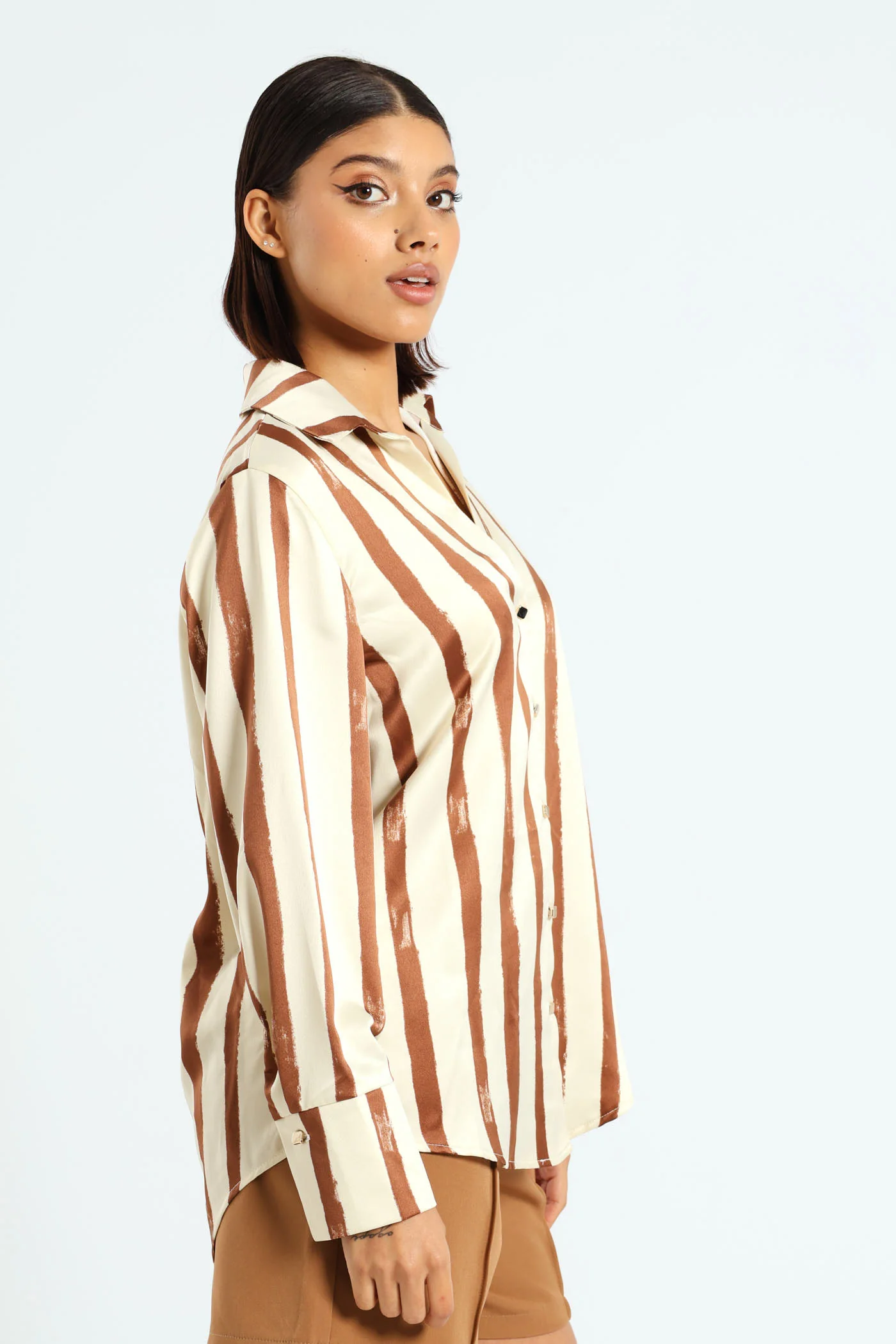 Satin Stripe Shirt - Beige/Cream - Image 4