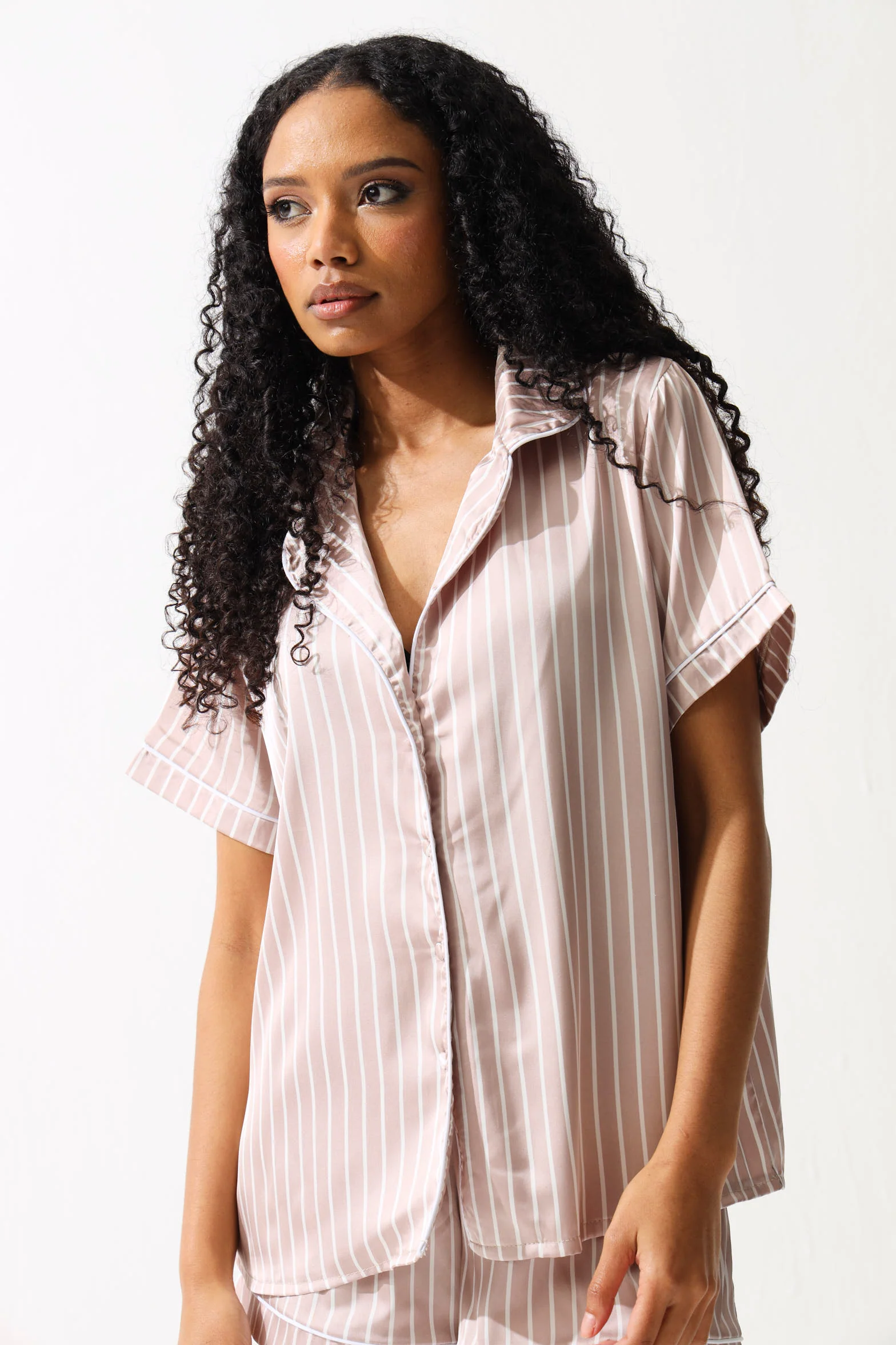 Satin Stripe Shirt & Short Set - Nude - Image 2