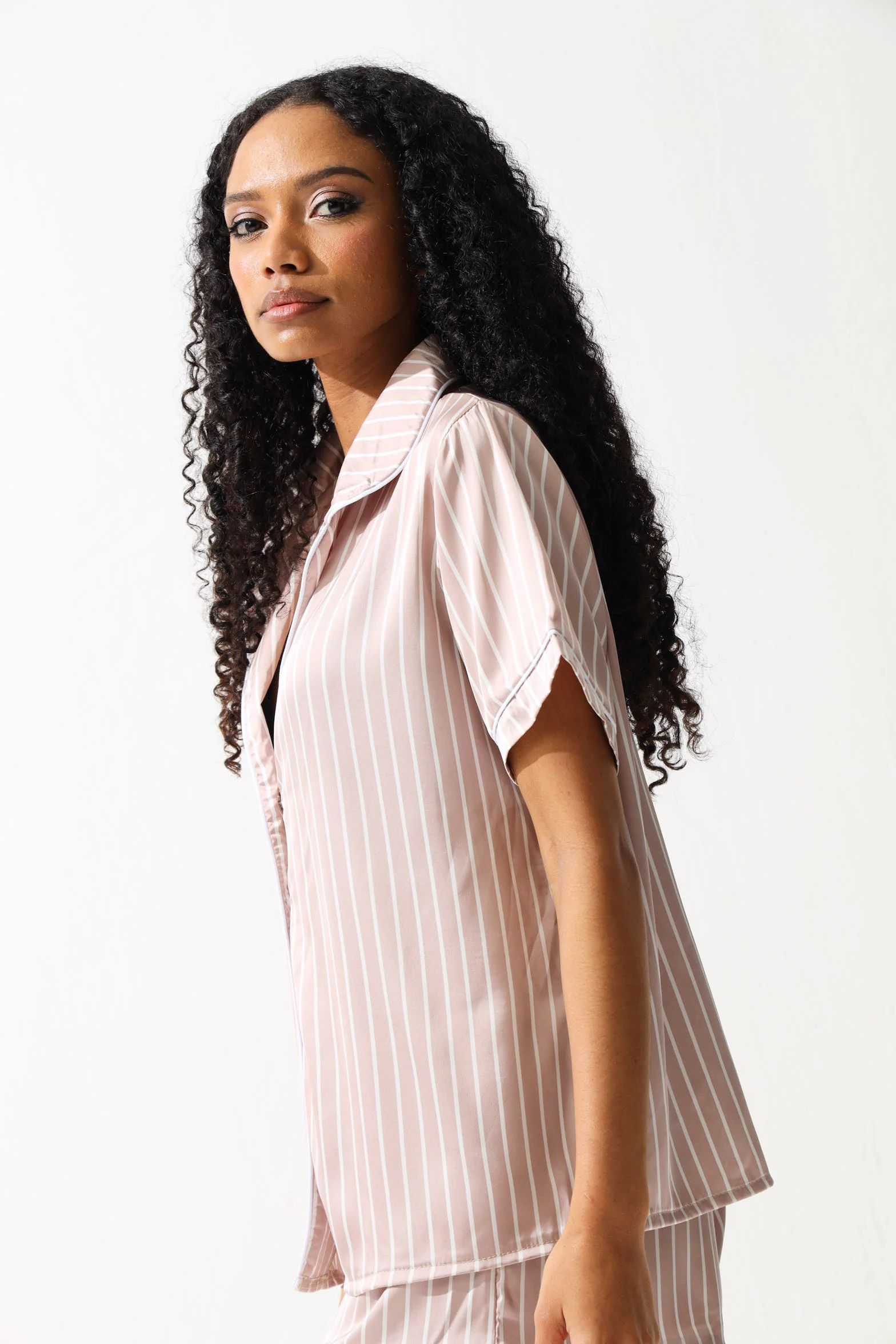 Satin Stripe Shirt & Short Set - Nude - Image 3