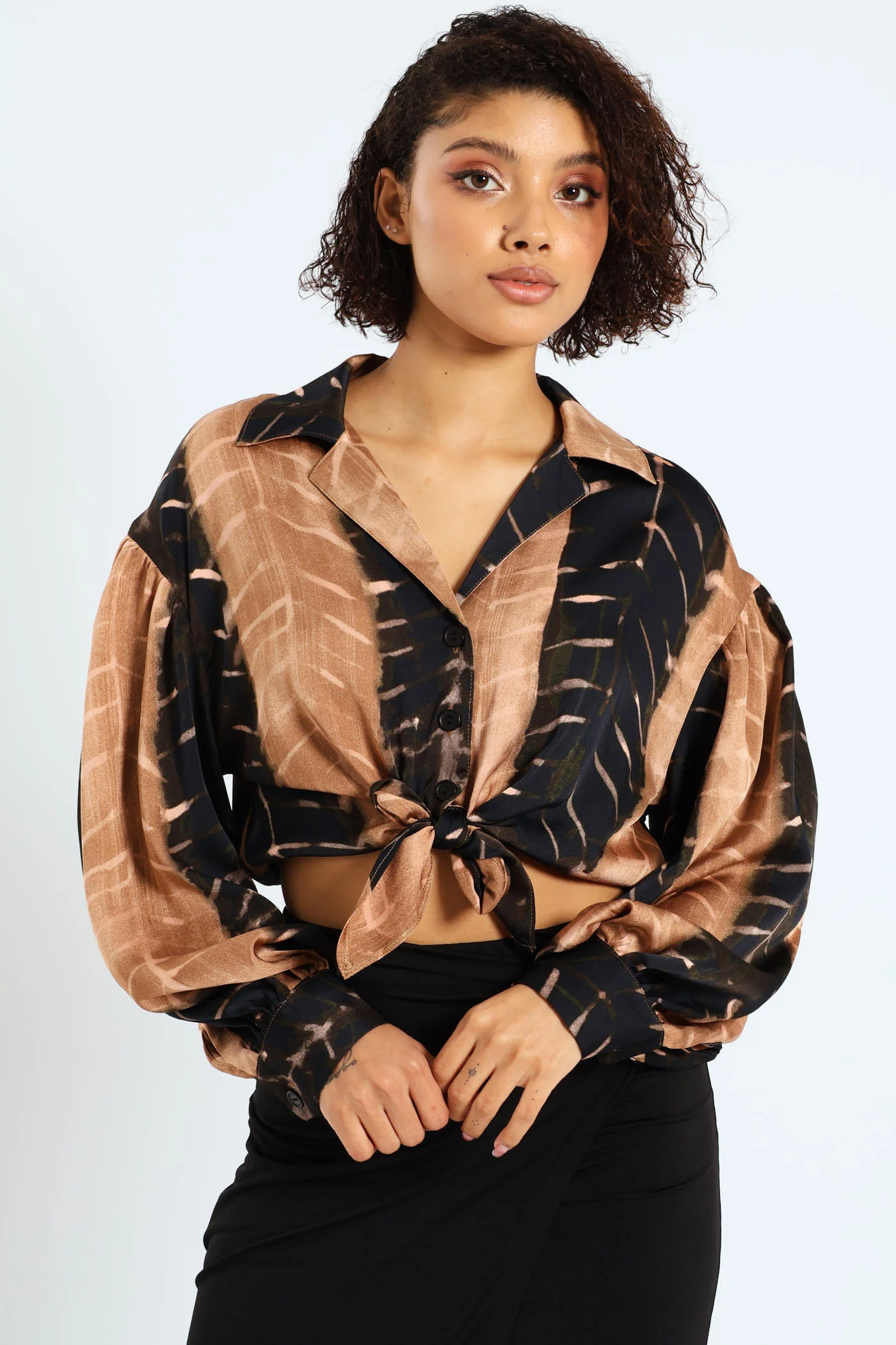 Satin Tie Front Shirt - Black/Brown