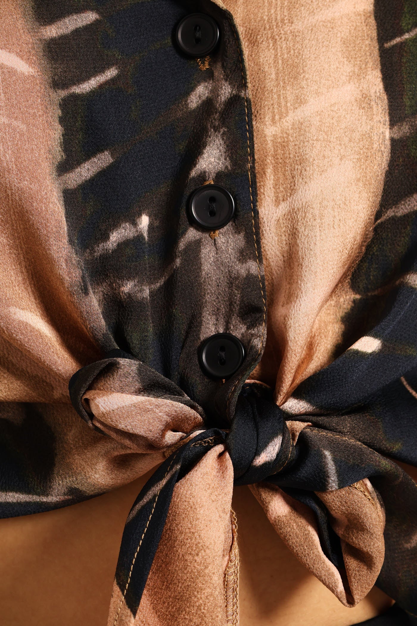 Satin Tie Front Shirt - Black/Brown - Image 5