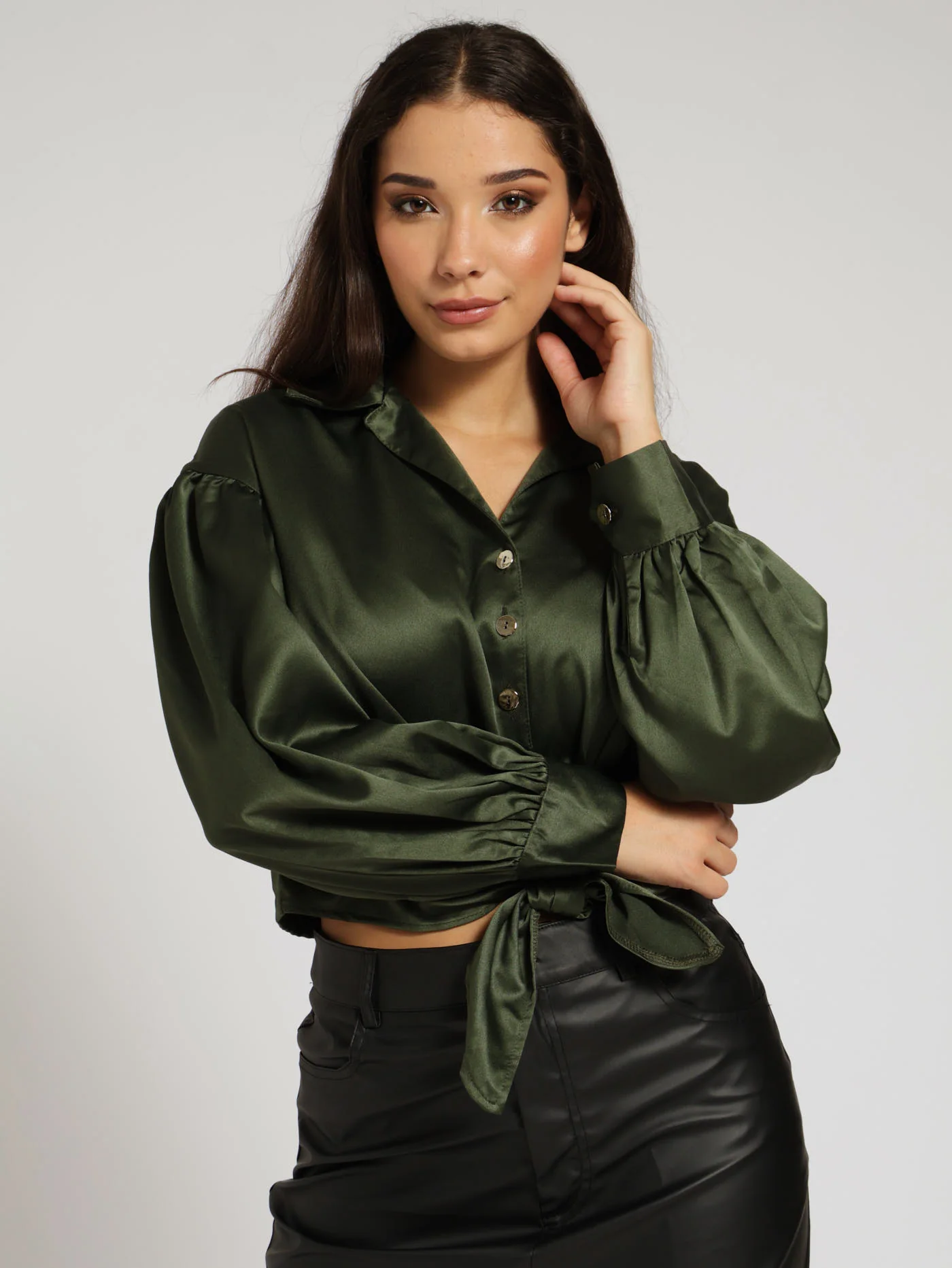 Satin Tie Front Shirt - Fatigue