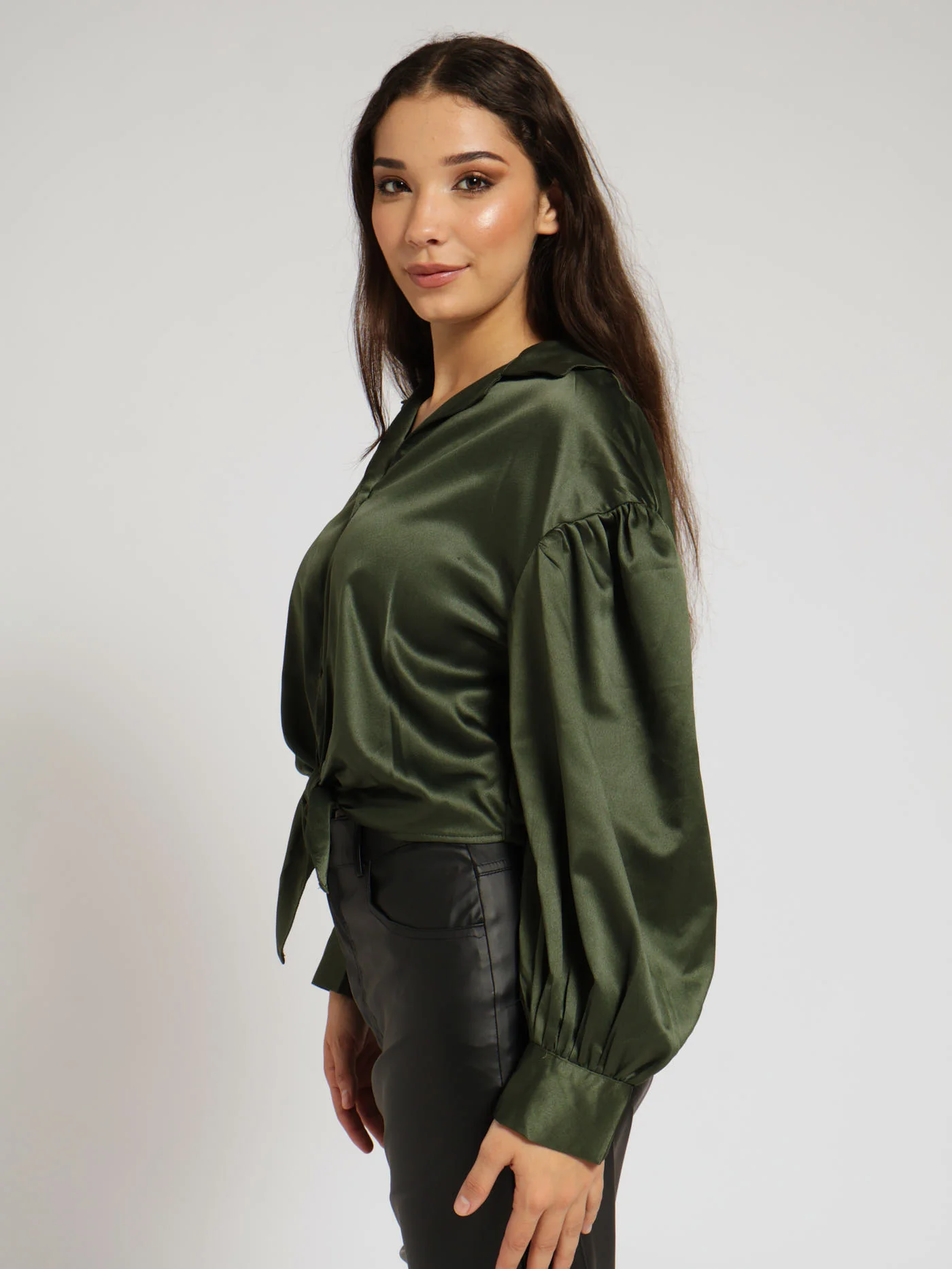 Satin Tie Front Shirt - Fatigue - Image 2