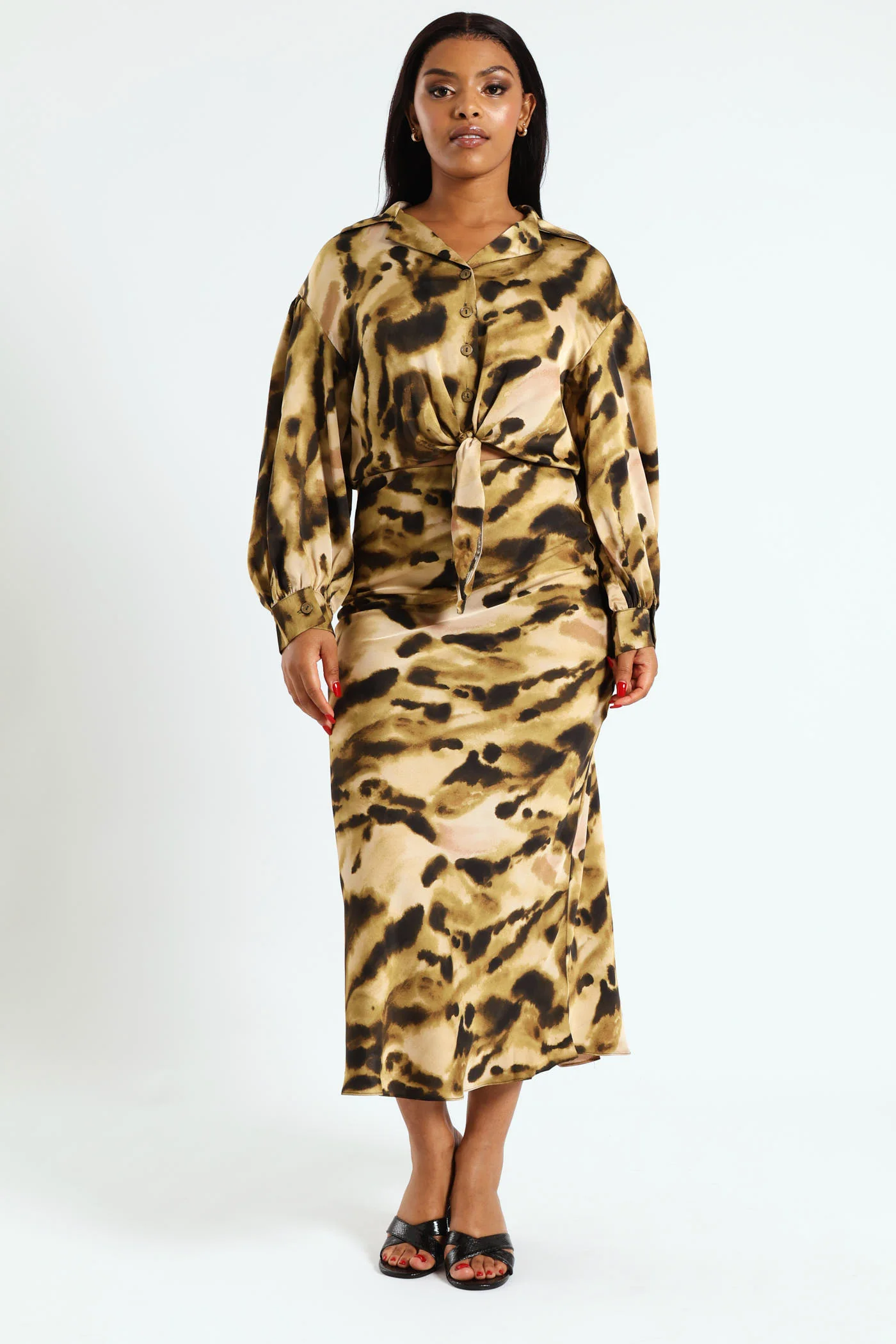 Satin Tie Front Shirt - Fatigue/Stone - Image 2