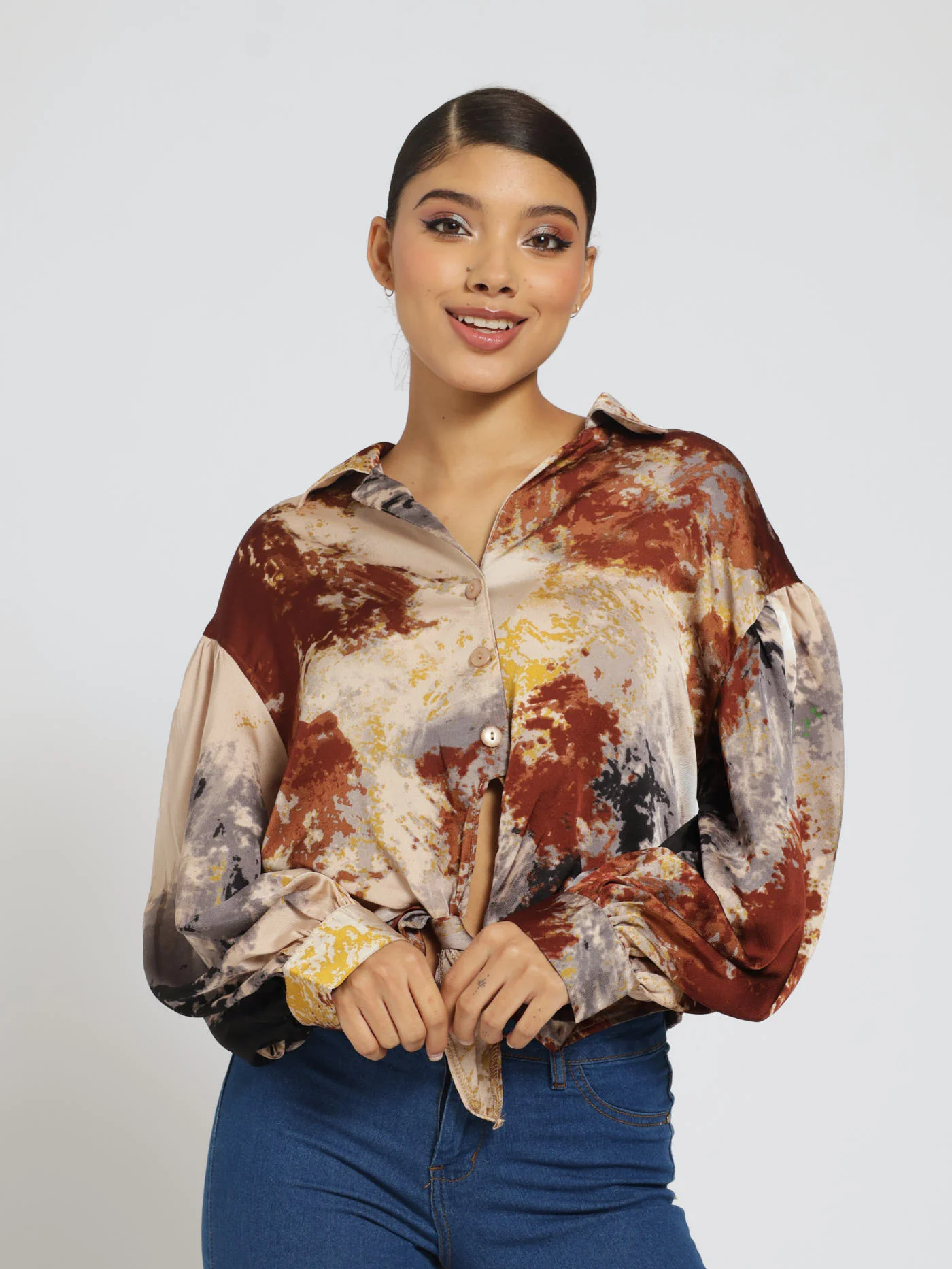 Satin Tie Front Shirt - Grey