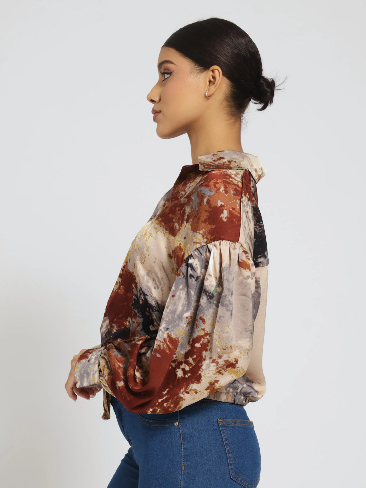Satin Tie Front Shirt - Grey - Image 2