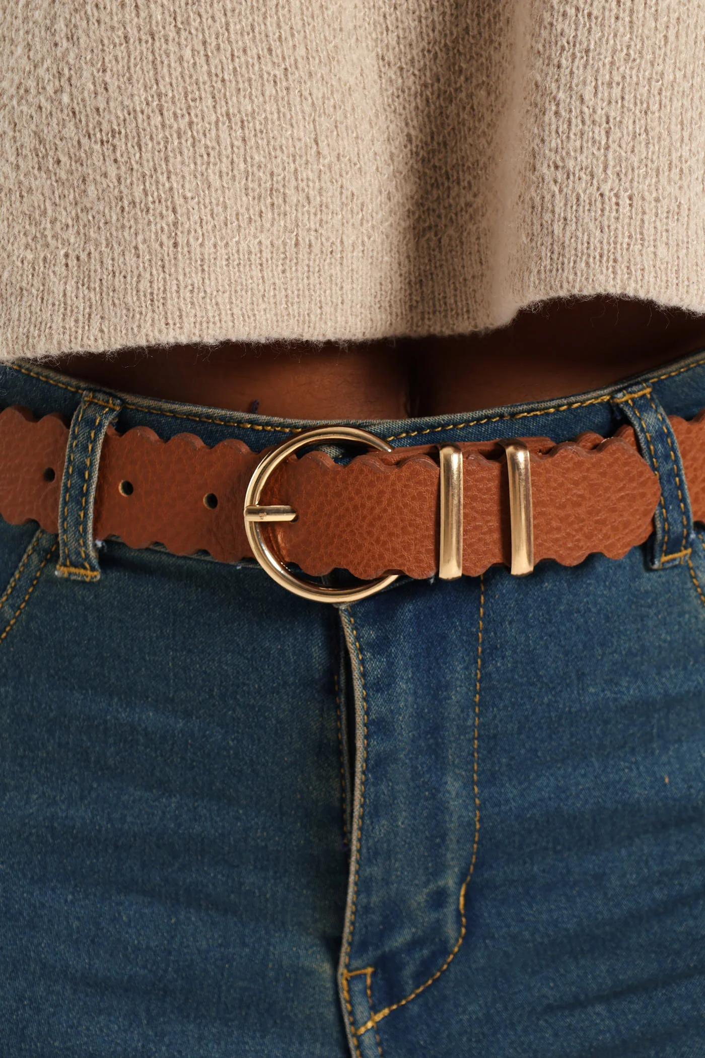 Scalloped Edge Double Metal Puller Belt - Tan