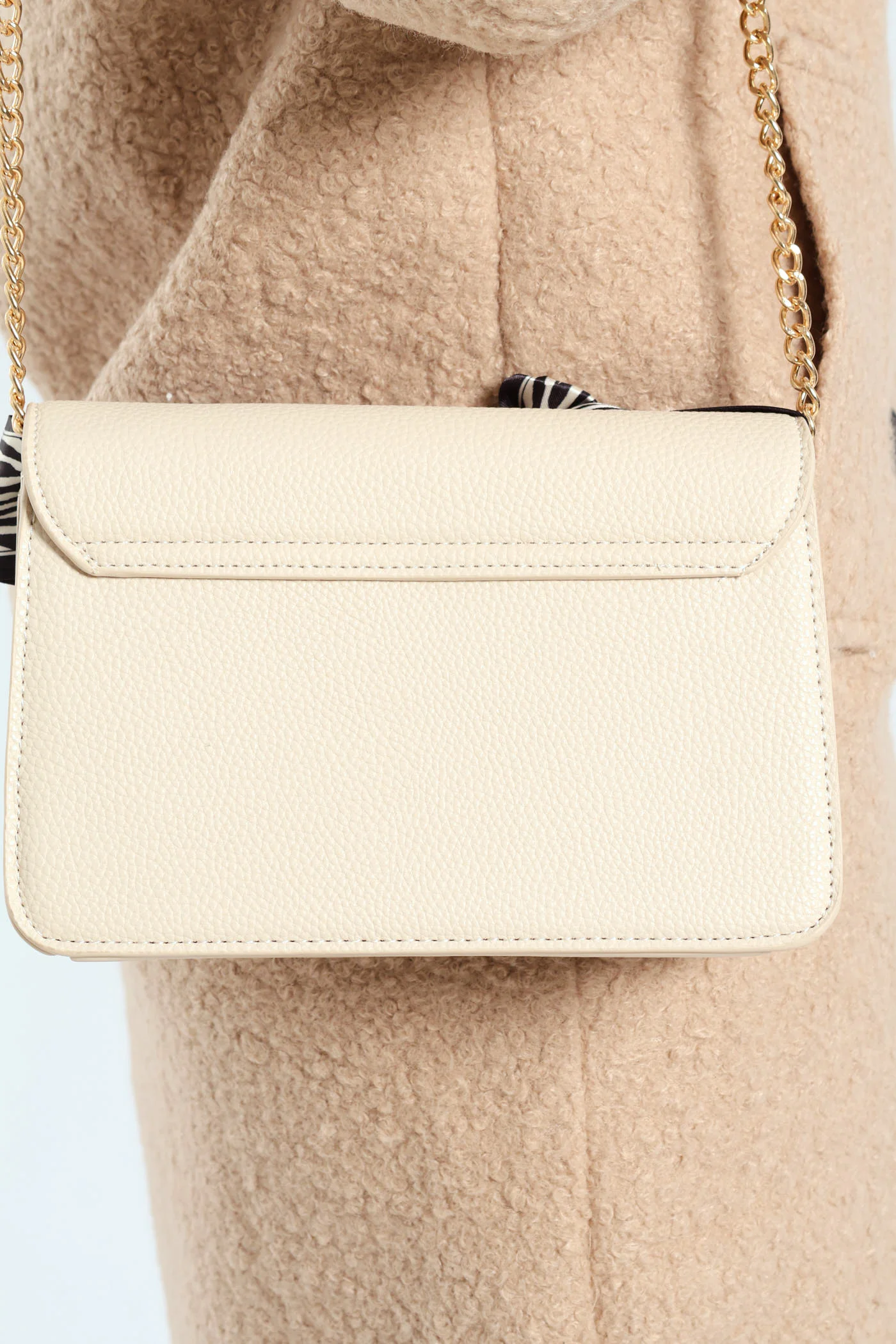 Scarf Detail Metal Clasp Satchel Bag - Cream - Image 2