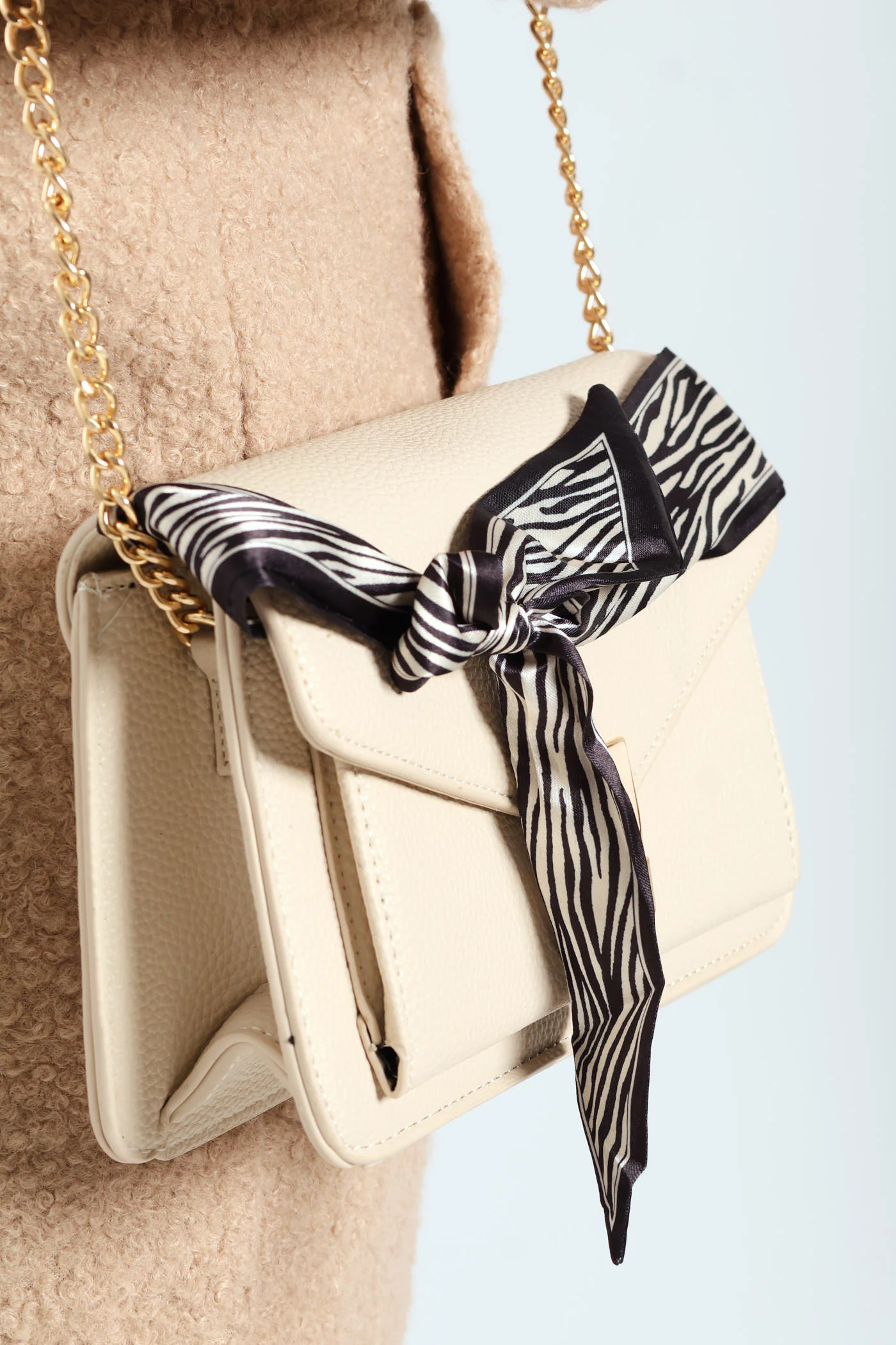 Scarf Detail Metal Clasp Satchel Bag - Cream - Image 3