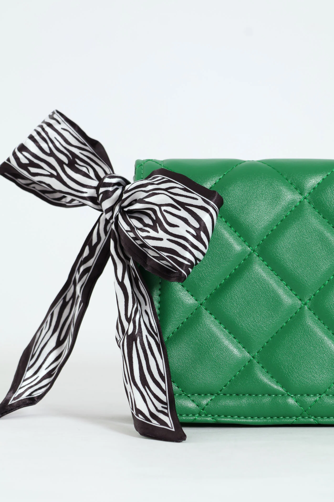 Scarf Detail Quilted Satchel Bag - Green - Image 3