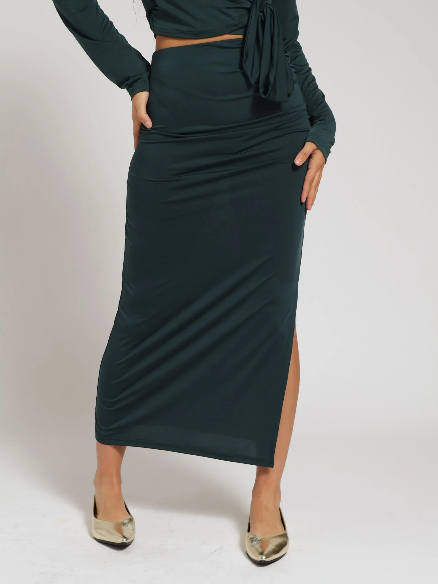 Side Gaugued Bodycon Slinky Skirt - Teal