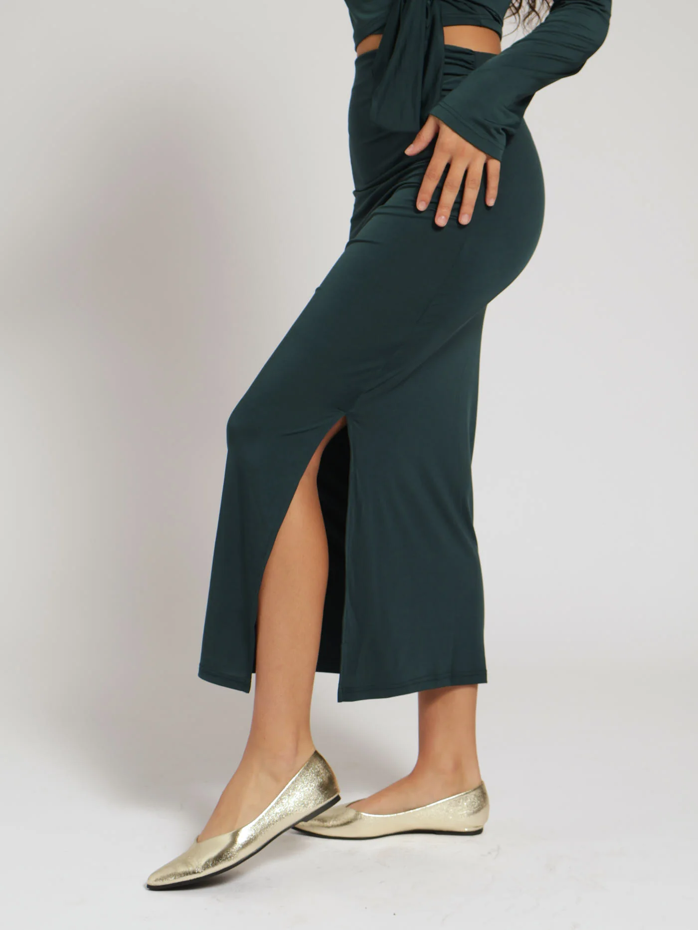 Side Gaugued Bodycon Slinky Skirt - Teal - Image 2