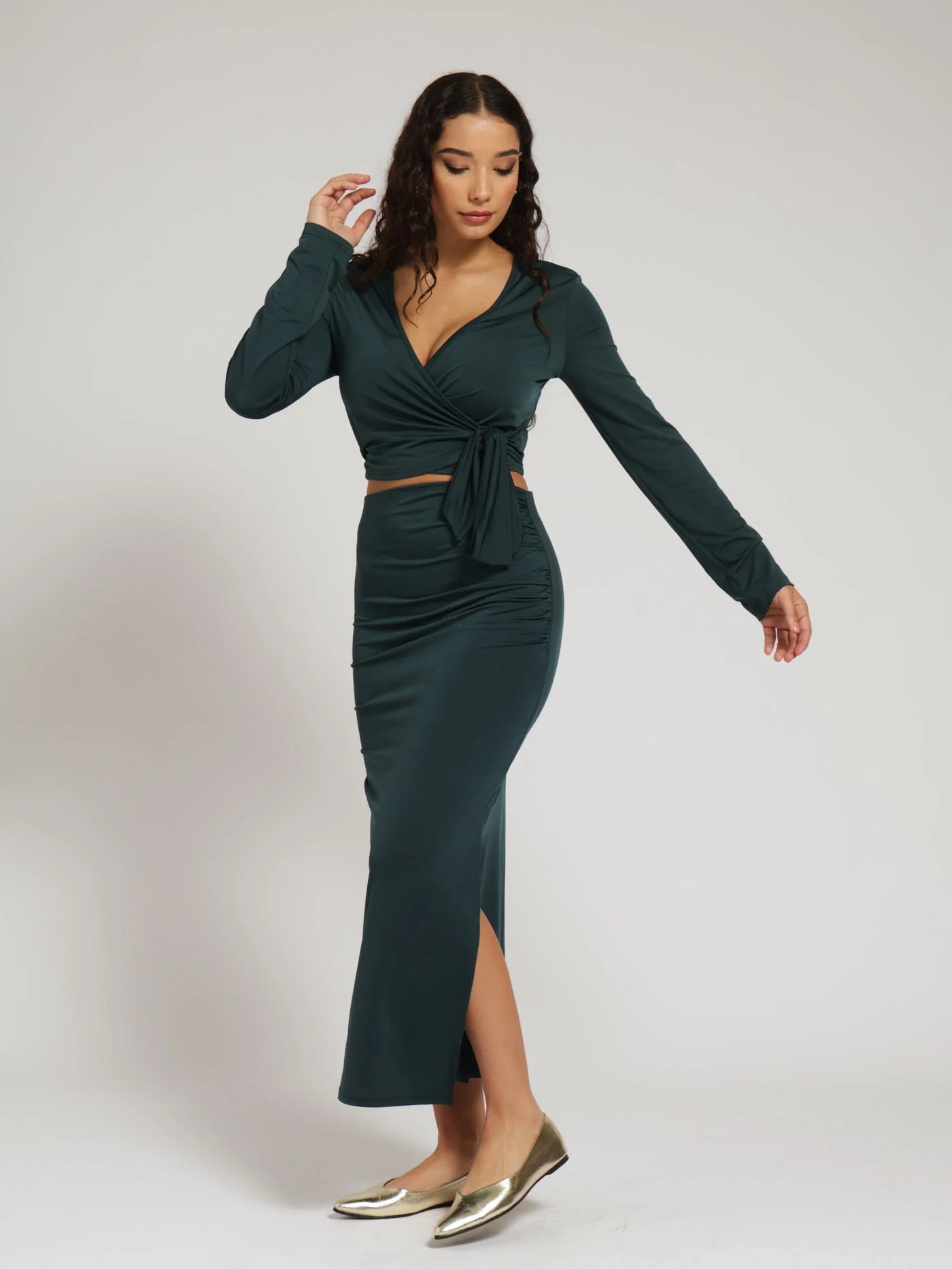 Side Gaugued Bodycon Slinky Skirt - Teal - Image 4