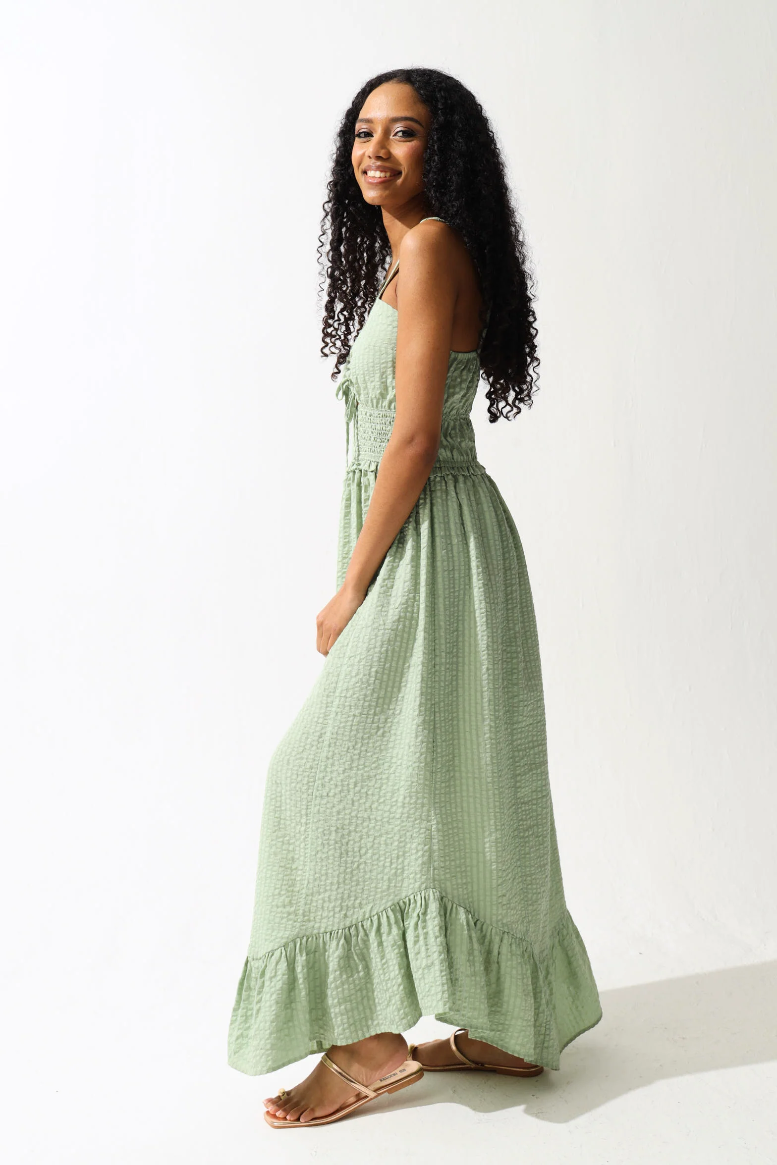 Seersucker Shirred Tie Front Midi Dress - Sage - Image 2