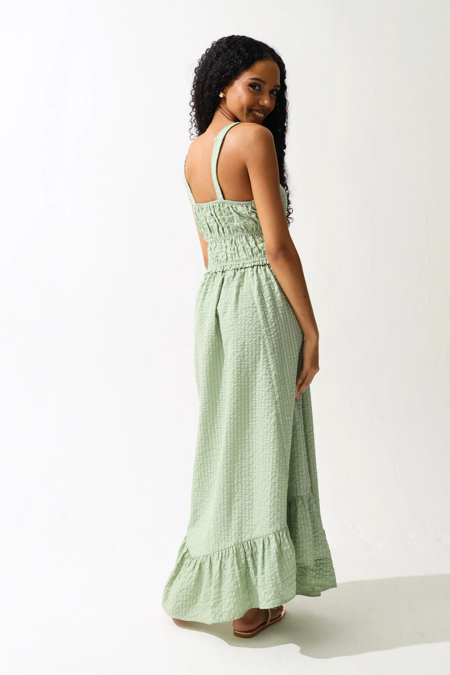 Seersucker Shirred Tie Front Midi Dress - Sage - Image 3