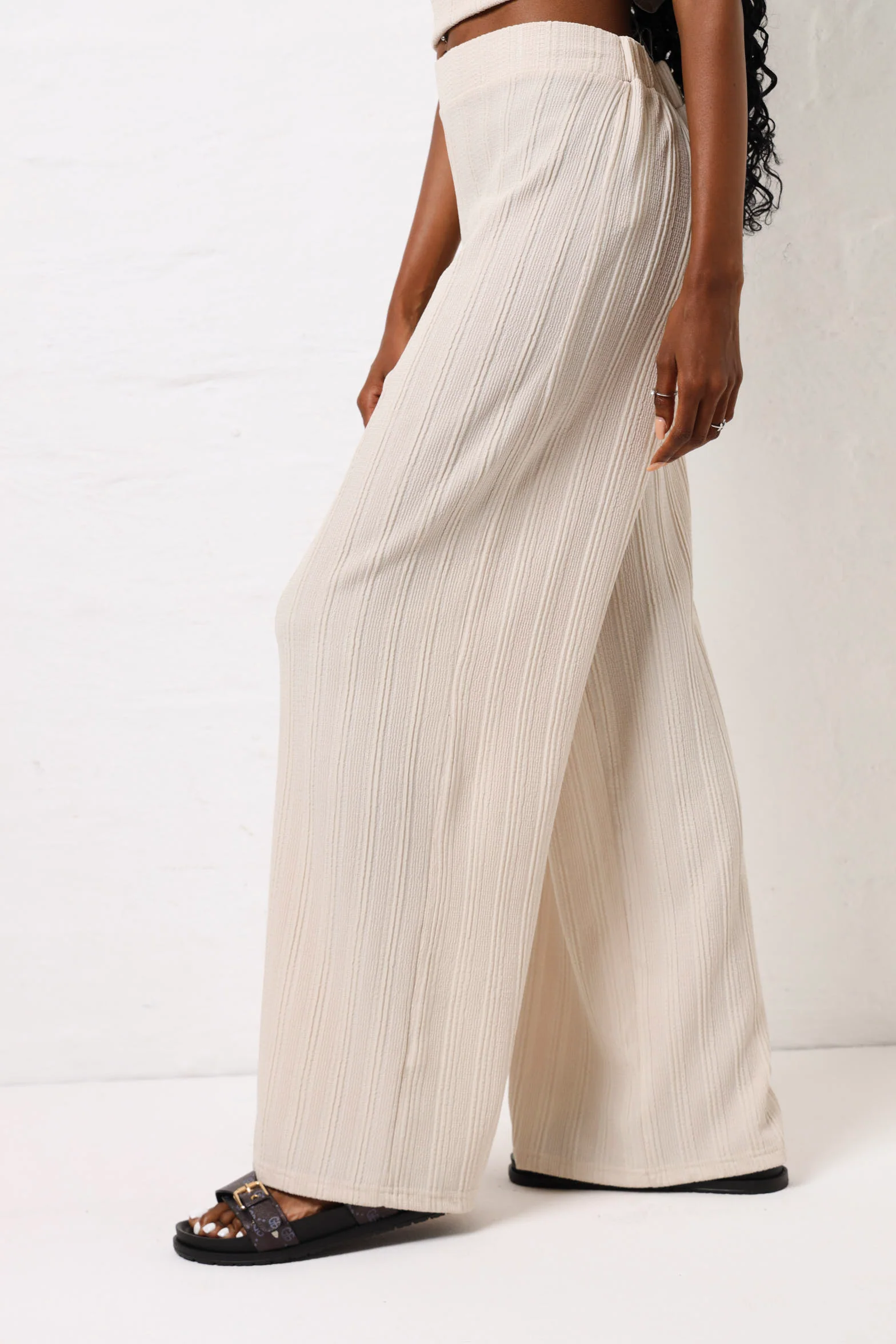 Self Stripe Wide Leg Knit Pants - Cream - Image 2