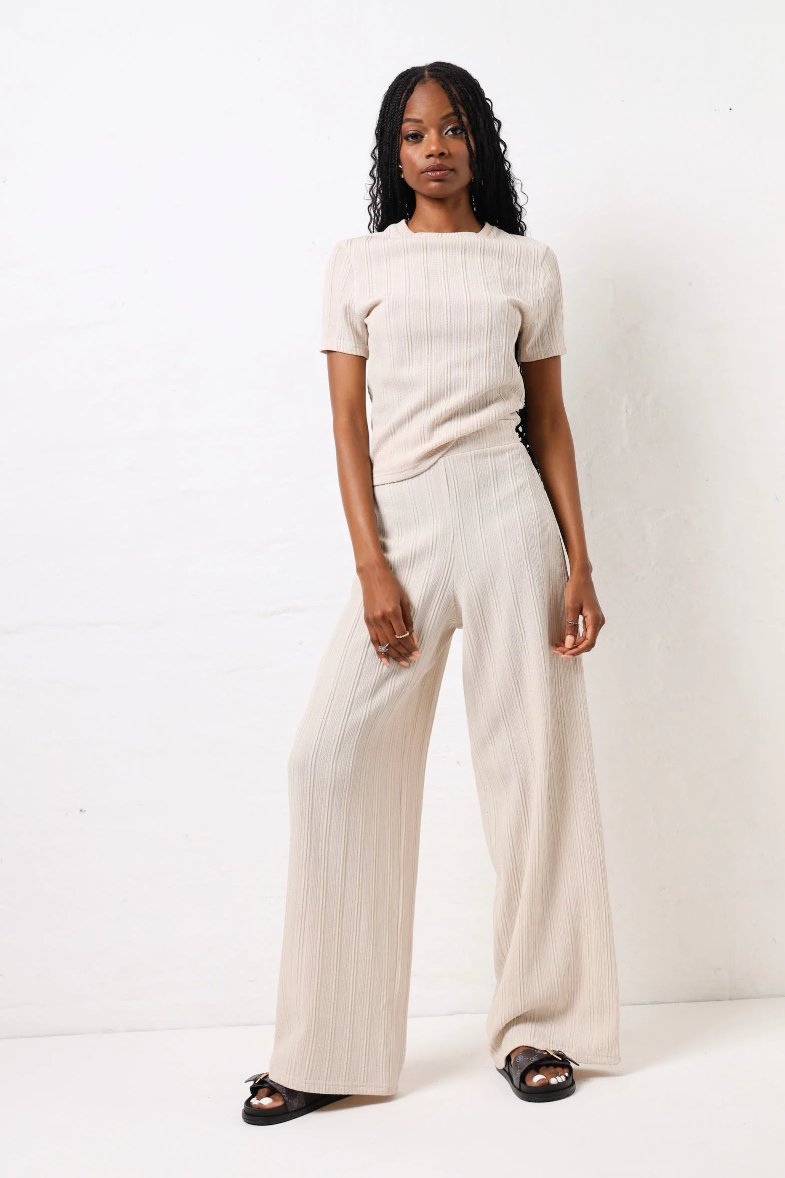Self Stripe Wide Leg Knit Pants - Cream - Image 3