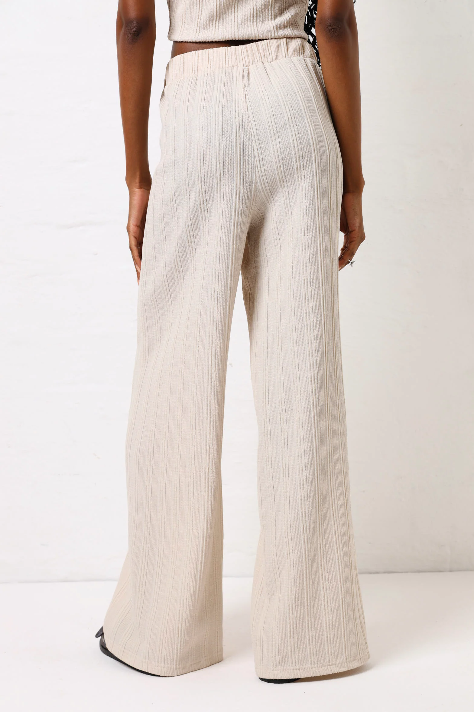 Self Stripe Wide Leg Knit Pants - Cream - Image 5