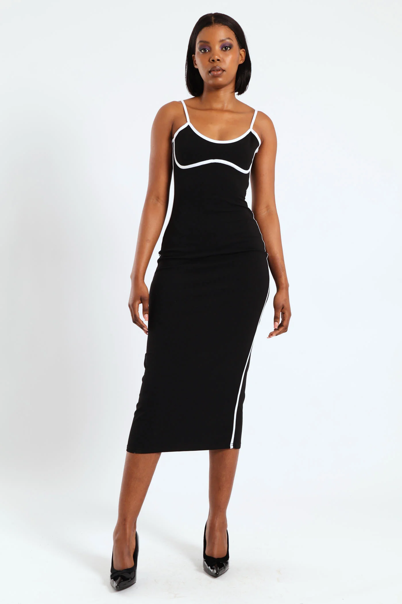 Shaped Neckline Contrast Binding Dress - Black/White - Image 2