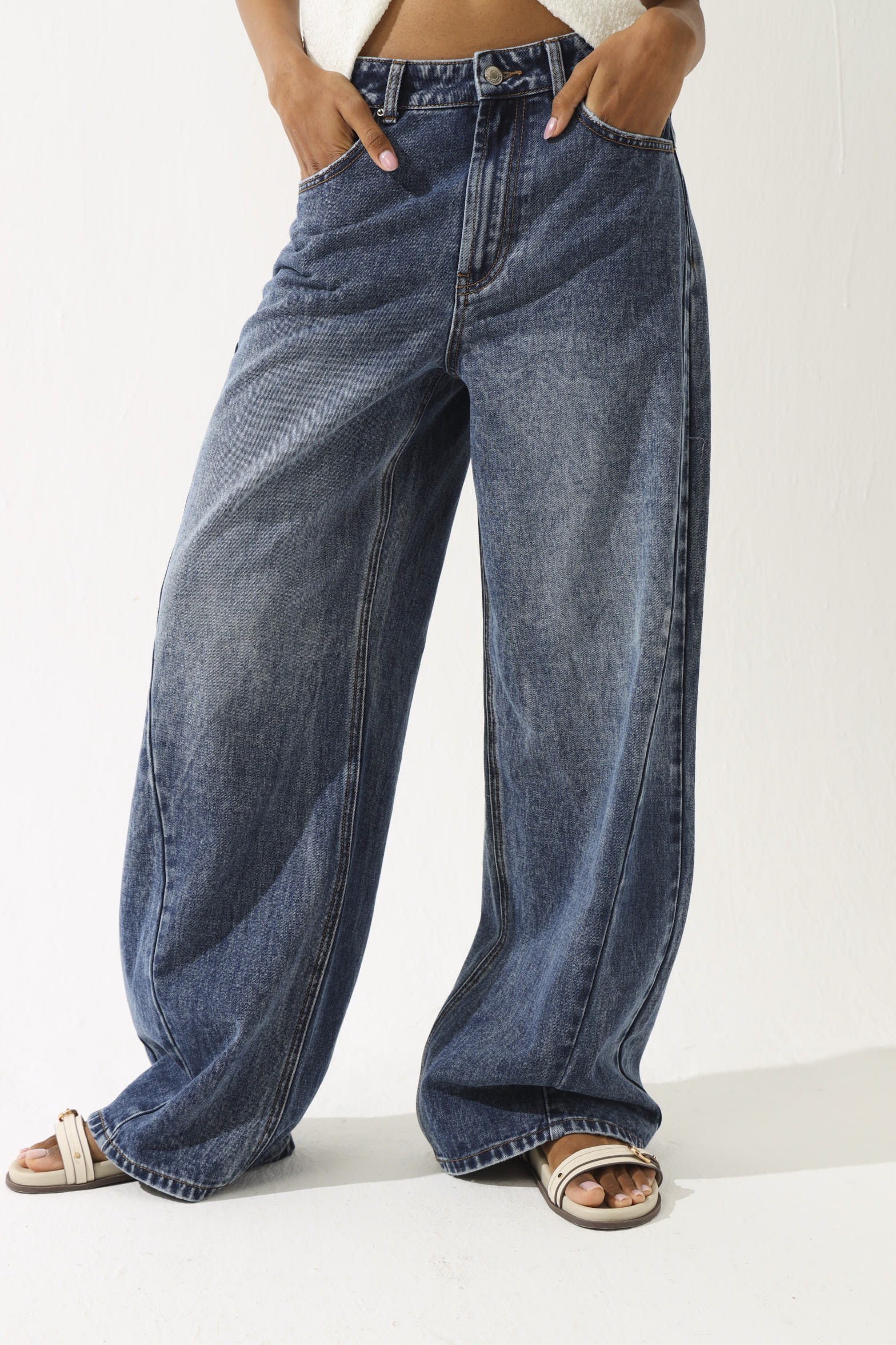 Shifted Seam Wide Leg Jean - Dark Wash