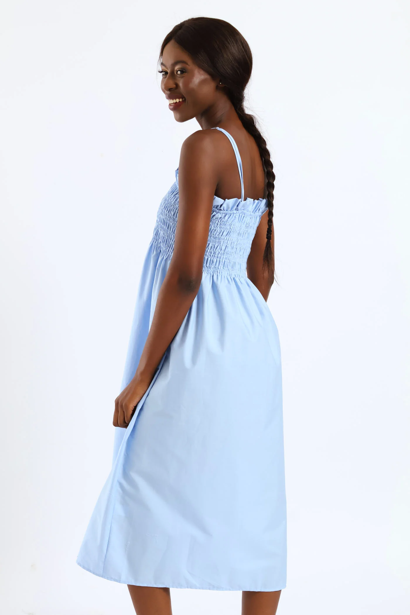 Shirred Bodice Floral Midi Dress - Blue - Image 3