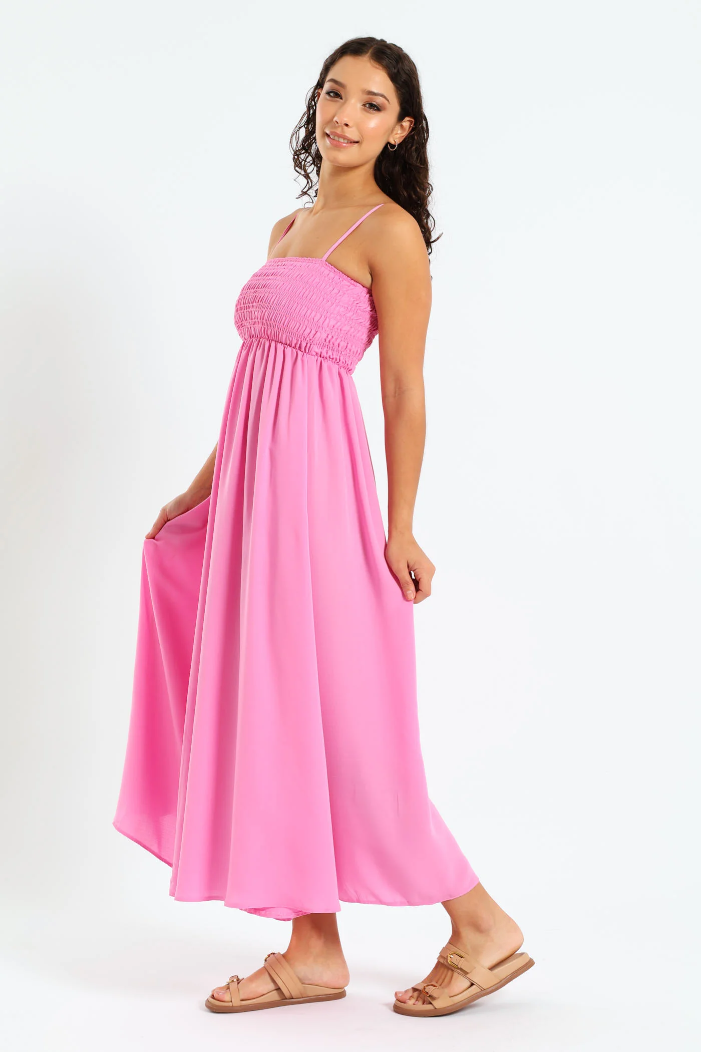 Shirred Bodice Linen Dress - Light Pink - Image 3