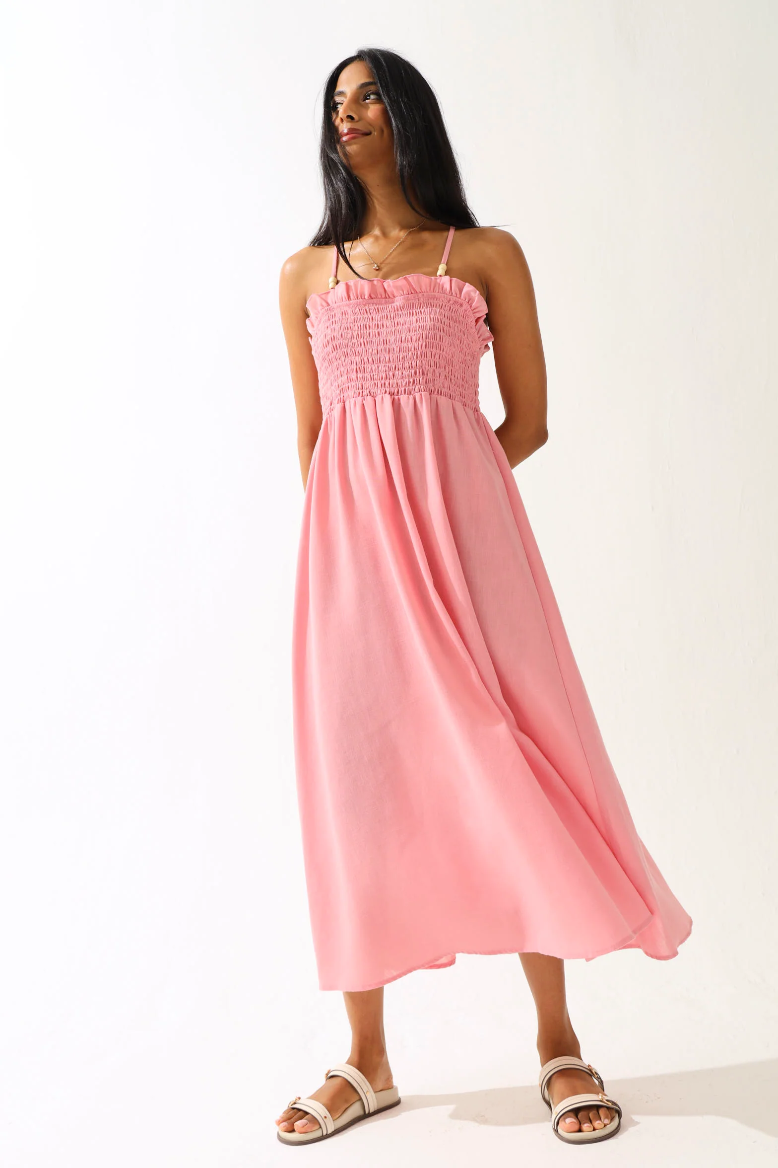 Shirred Bodice Midi Dress - Pink