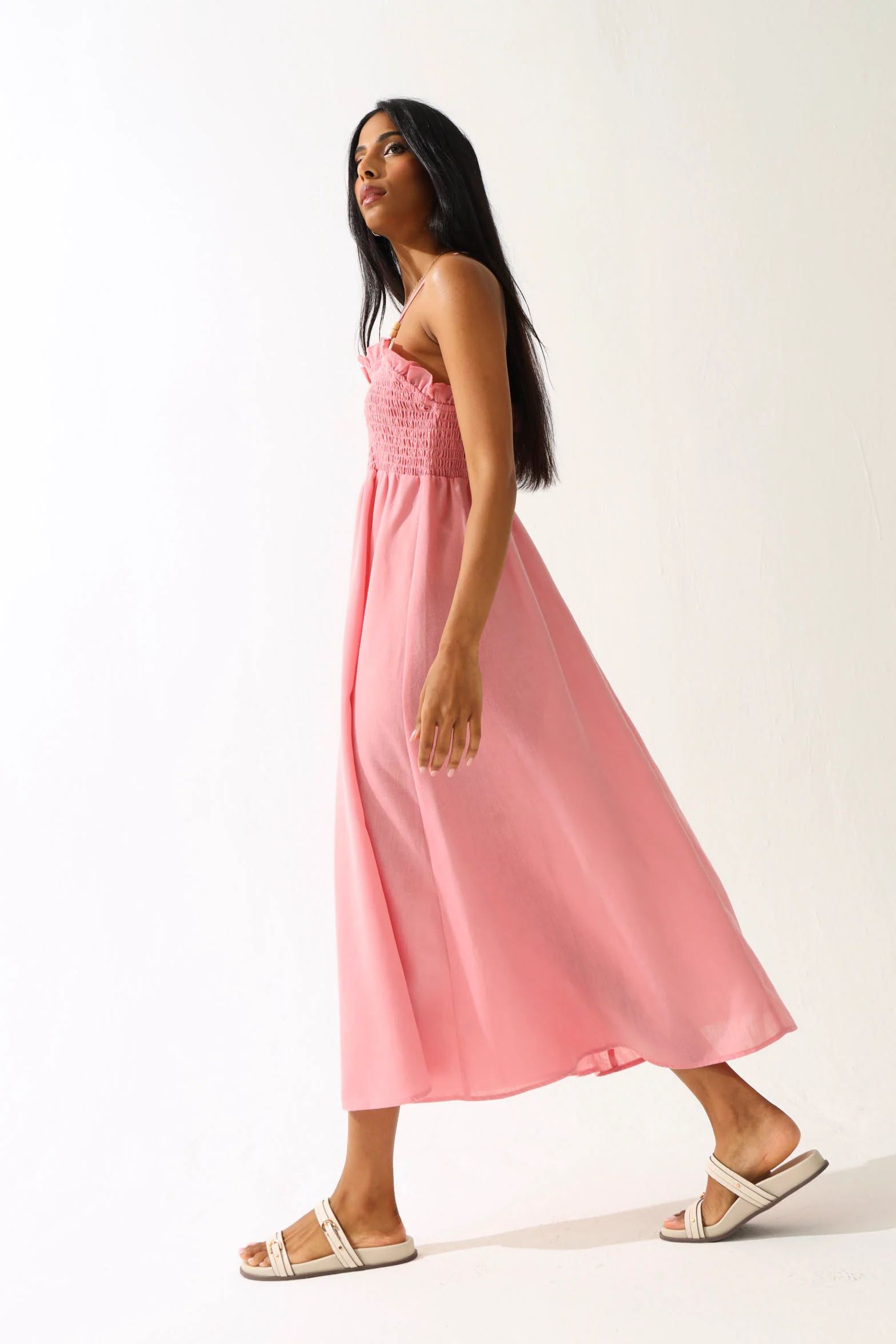 Shirred Bodice Midi Dress - Pink - Image 2