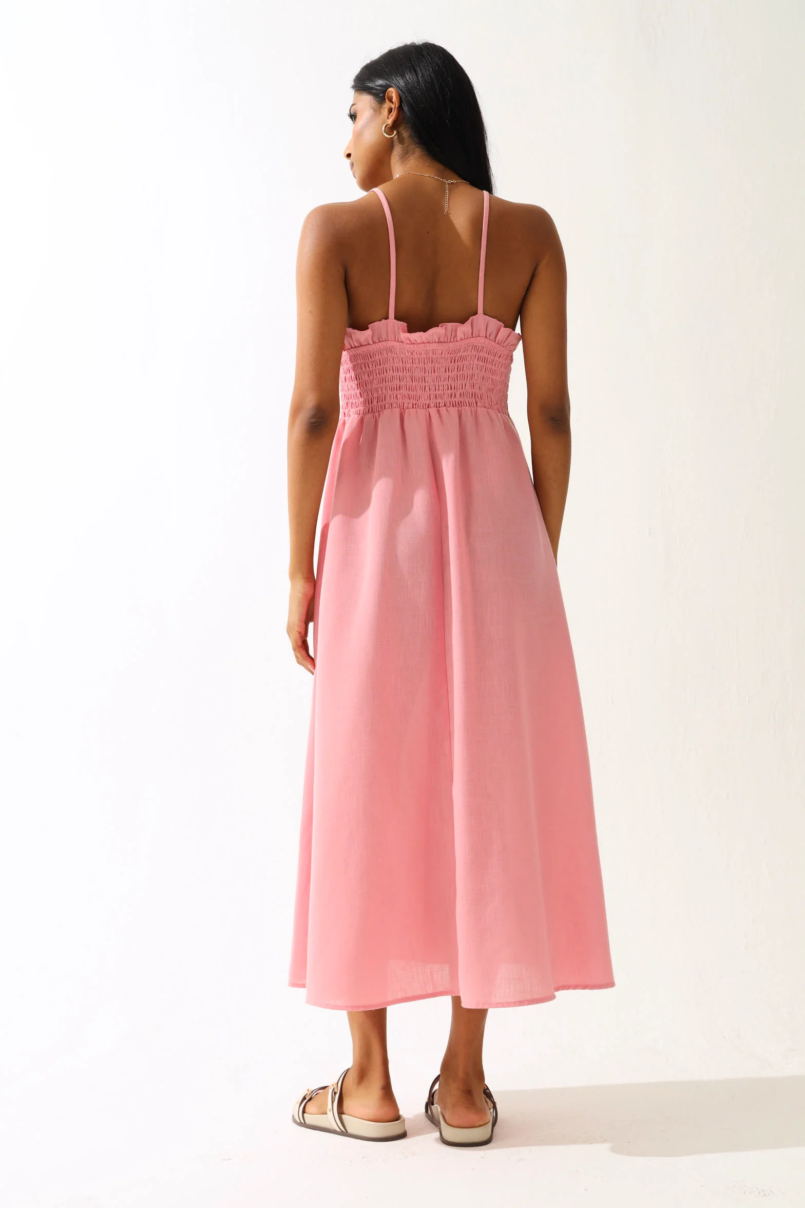 Shirred Bodice Midi Dress - Pink - Image 5
