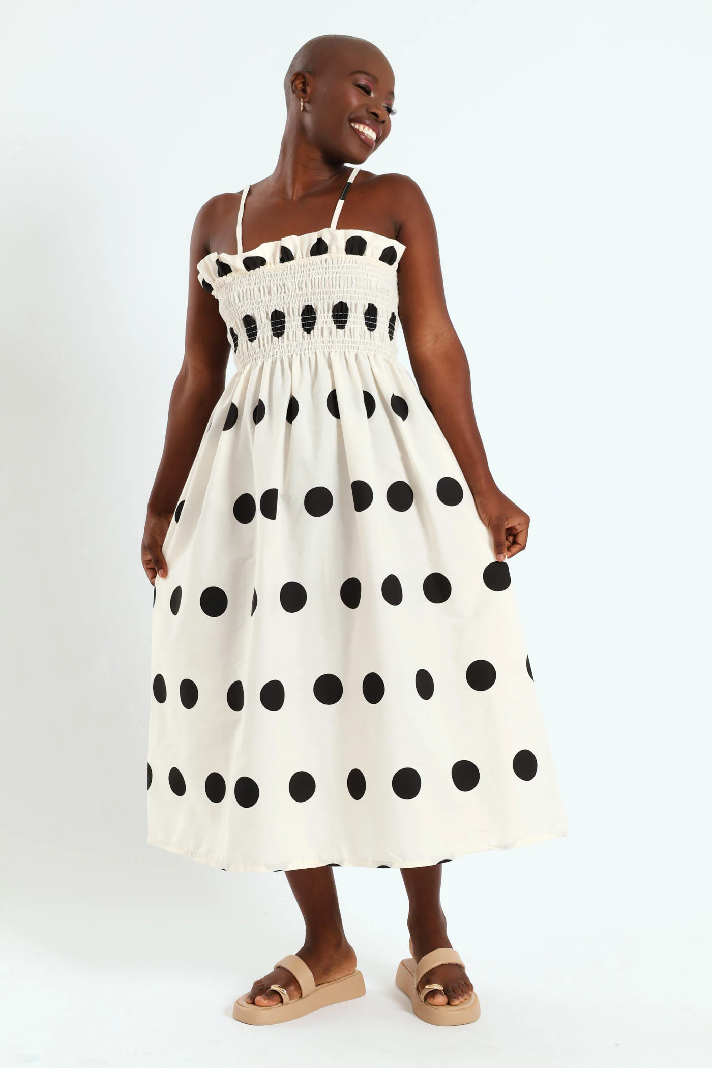 Shirred Bodice Polka Midi Dress - Black/Cream