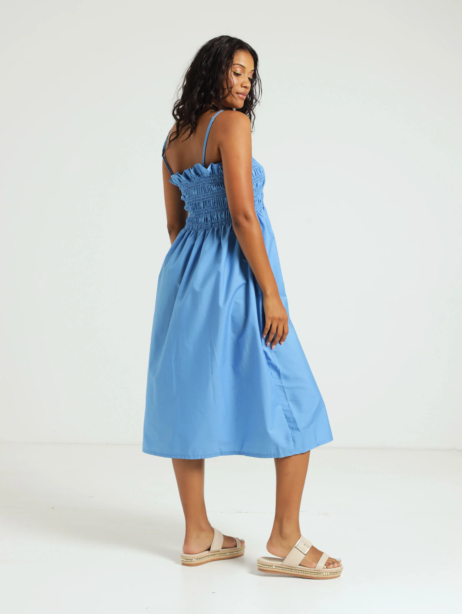 Shirred Bodice Poplin Midi Dress - Blue - Image 2