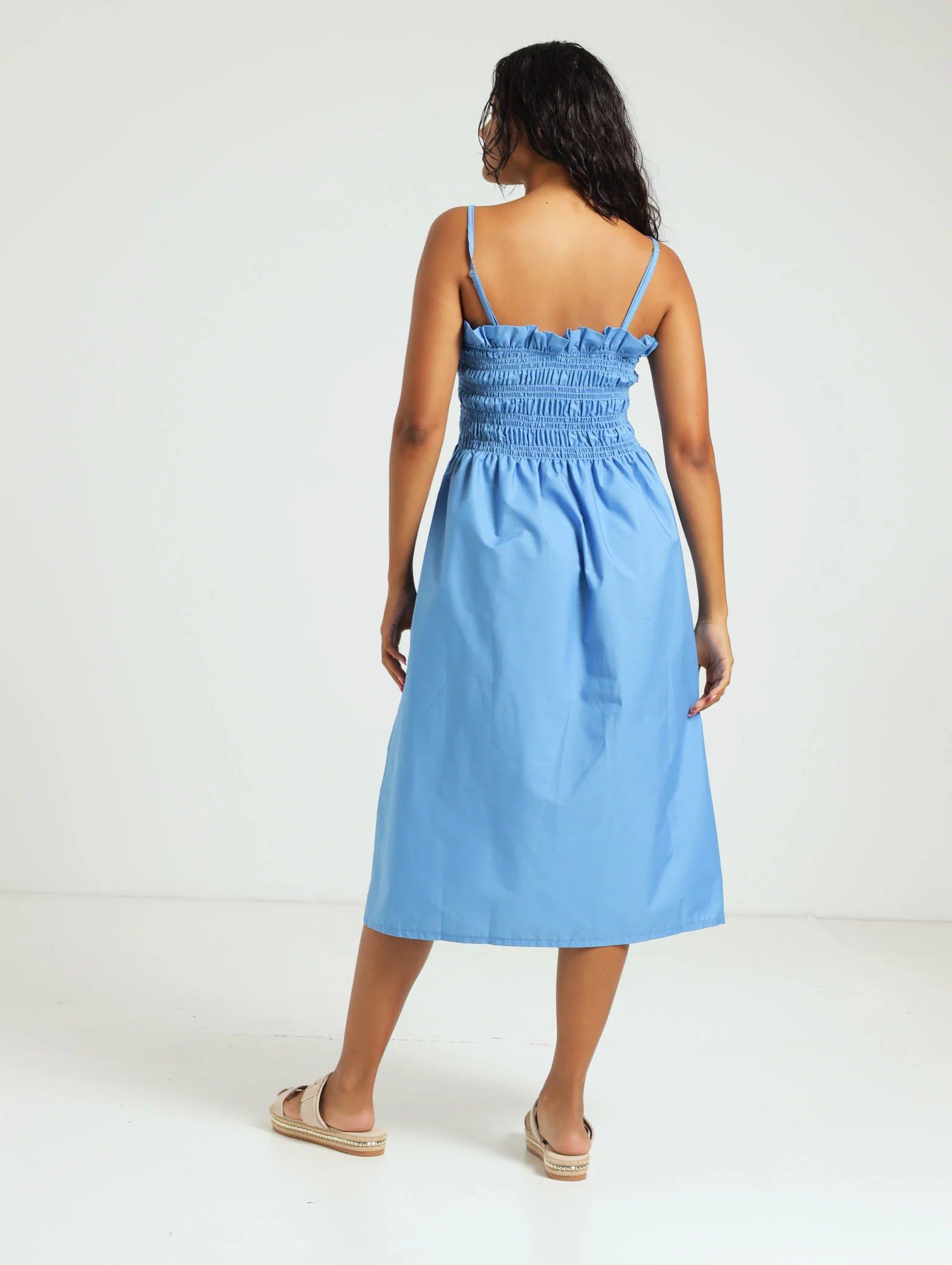 Shirred Bodice Poplin Midi Dress - Blue - Image 3