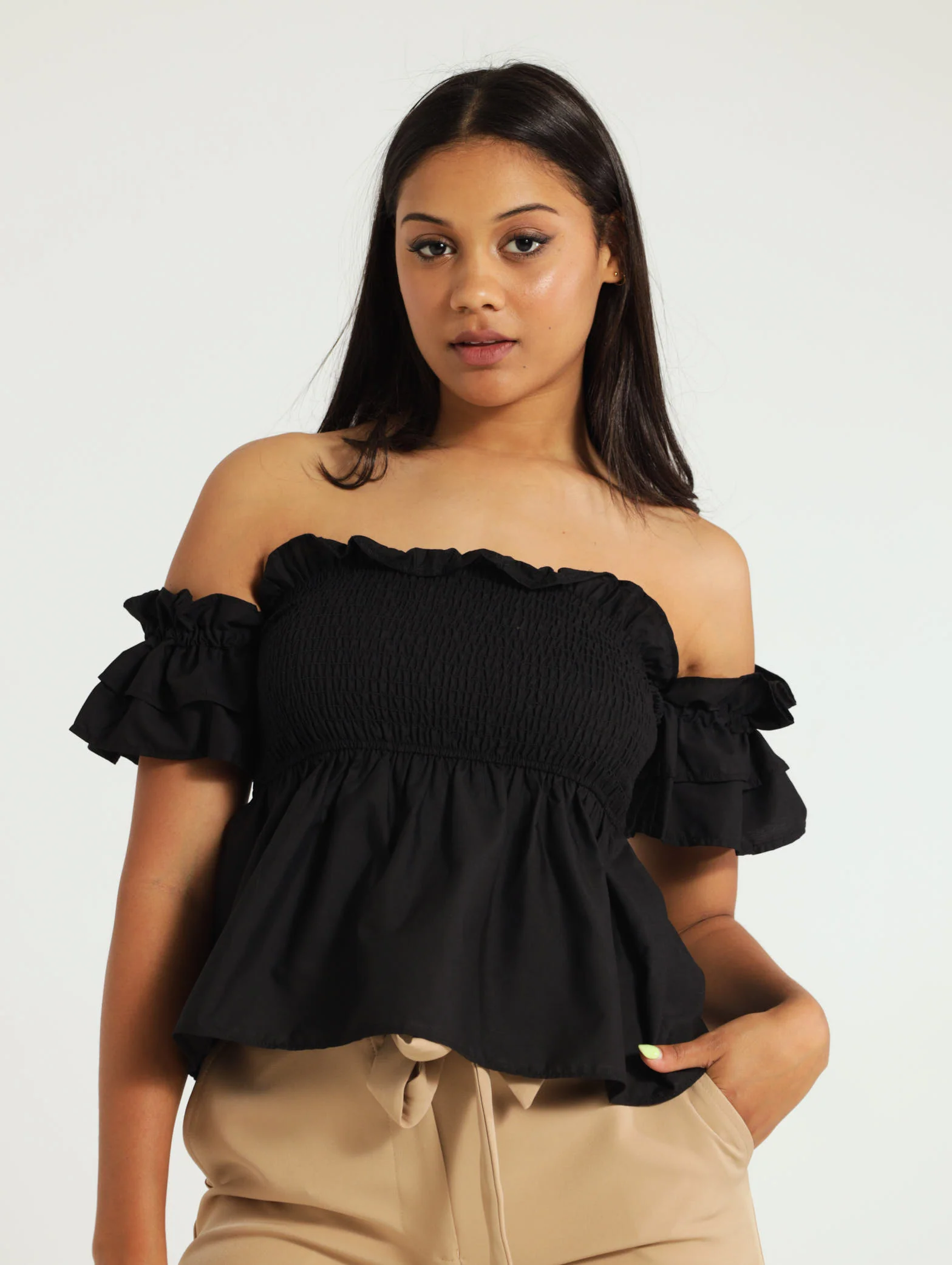 Shirred Bodice Poplin Peplum Top