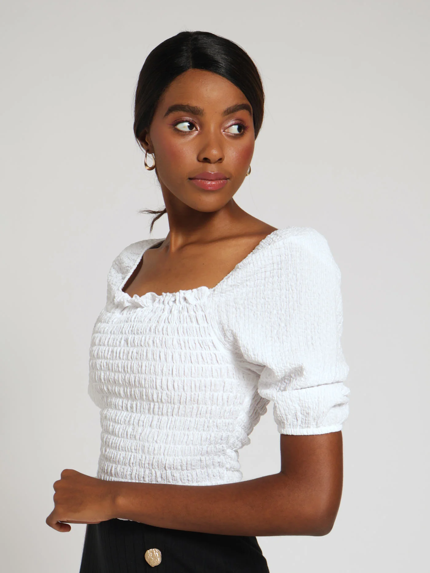 Shirred Bodice Puff Sleeve Top - Cream