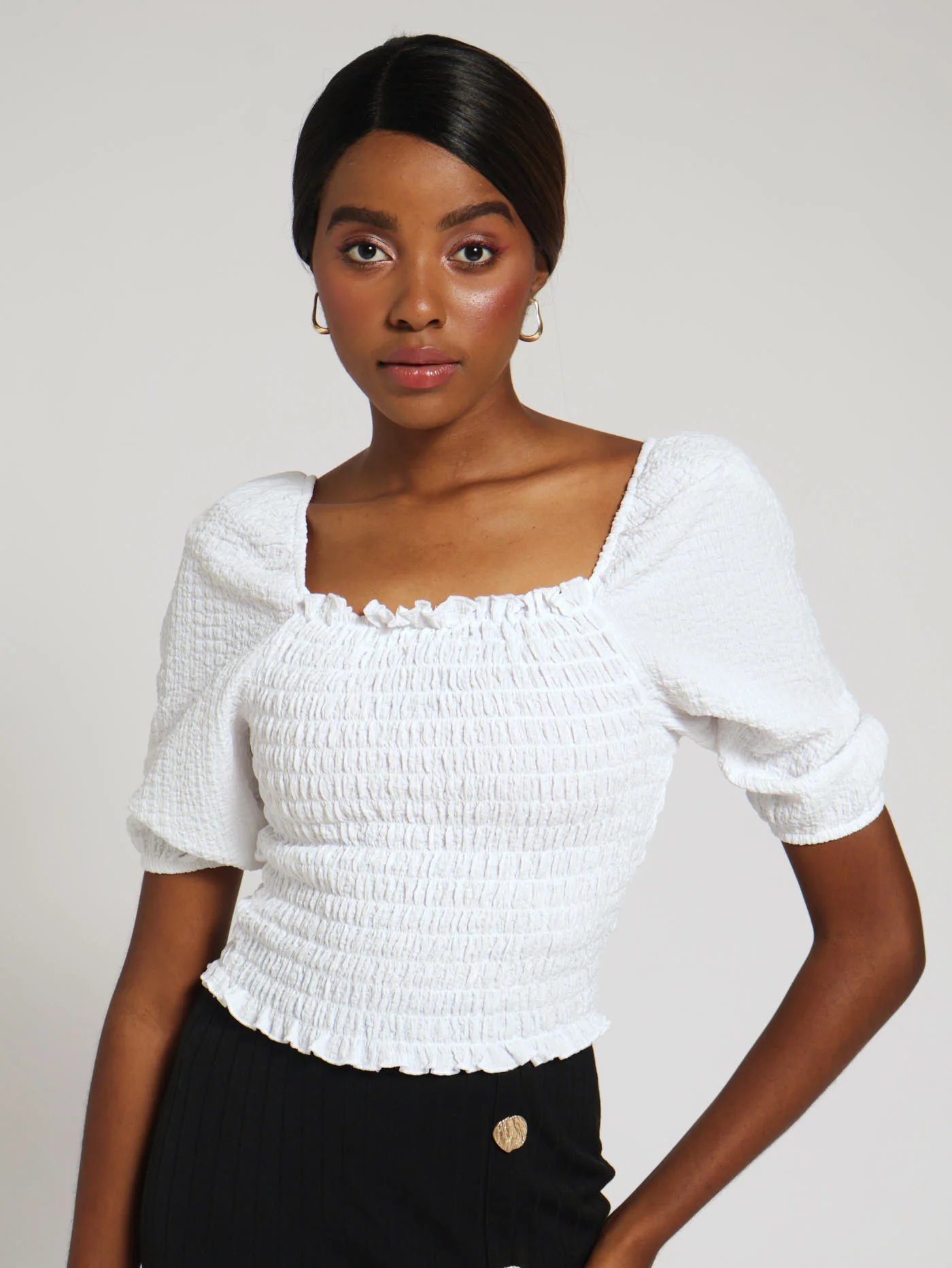 Shirred Bodice Puff Sleeve Top - Cream - Image 2
