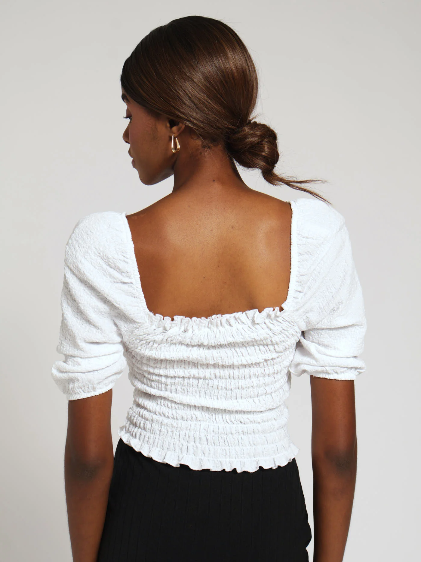 Shirred Bodice Puff Sleeve Top - Cream - Image 3
