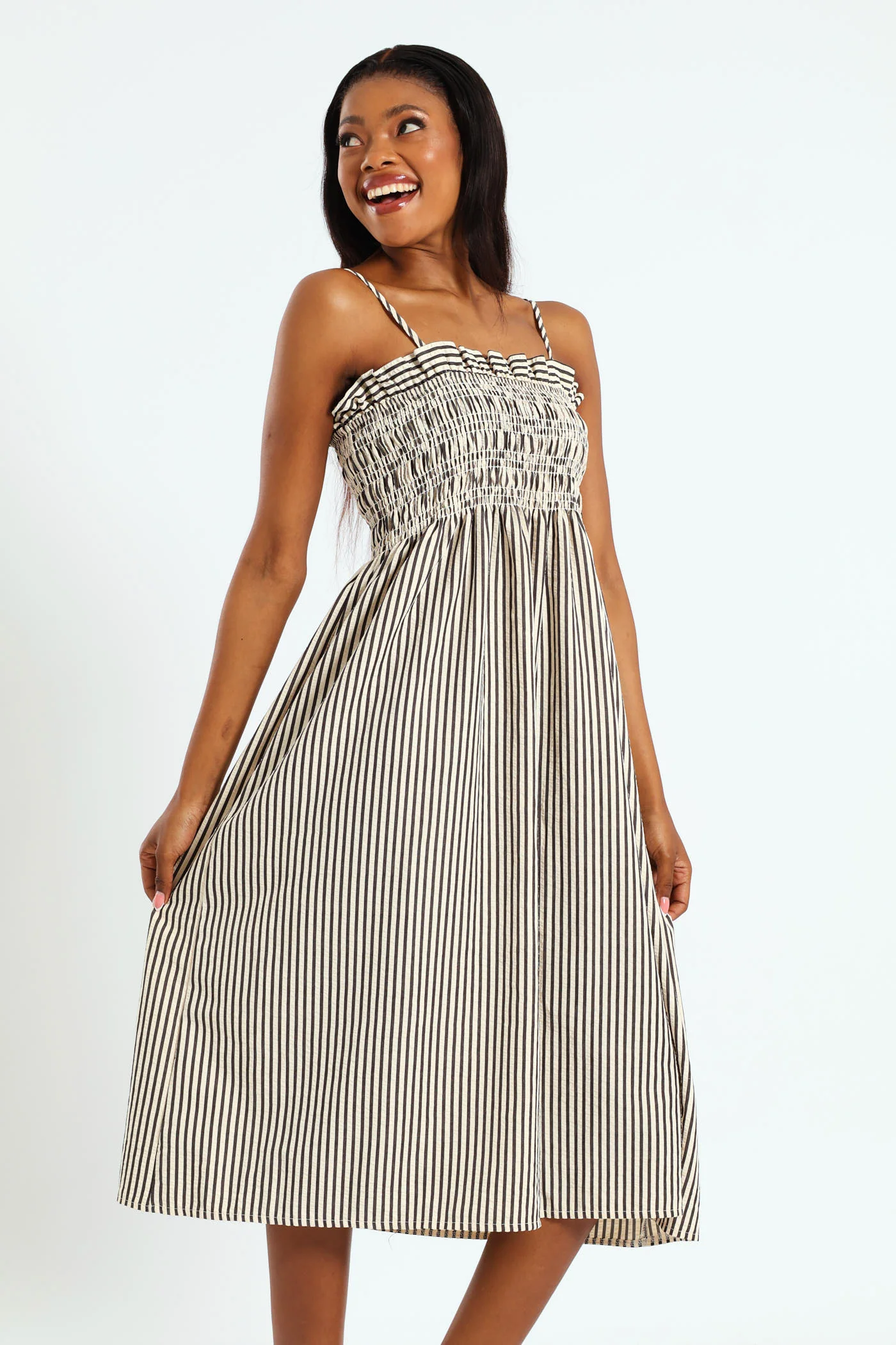 Shirred Bodice Yarn Dye Stripe Midi Dress - Black/Cream