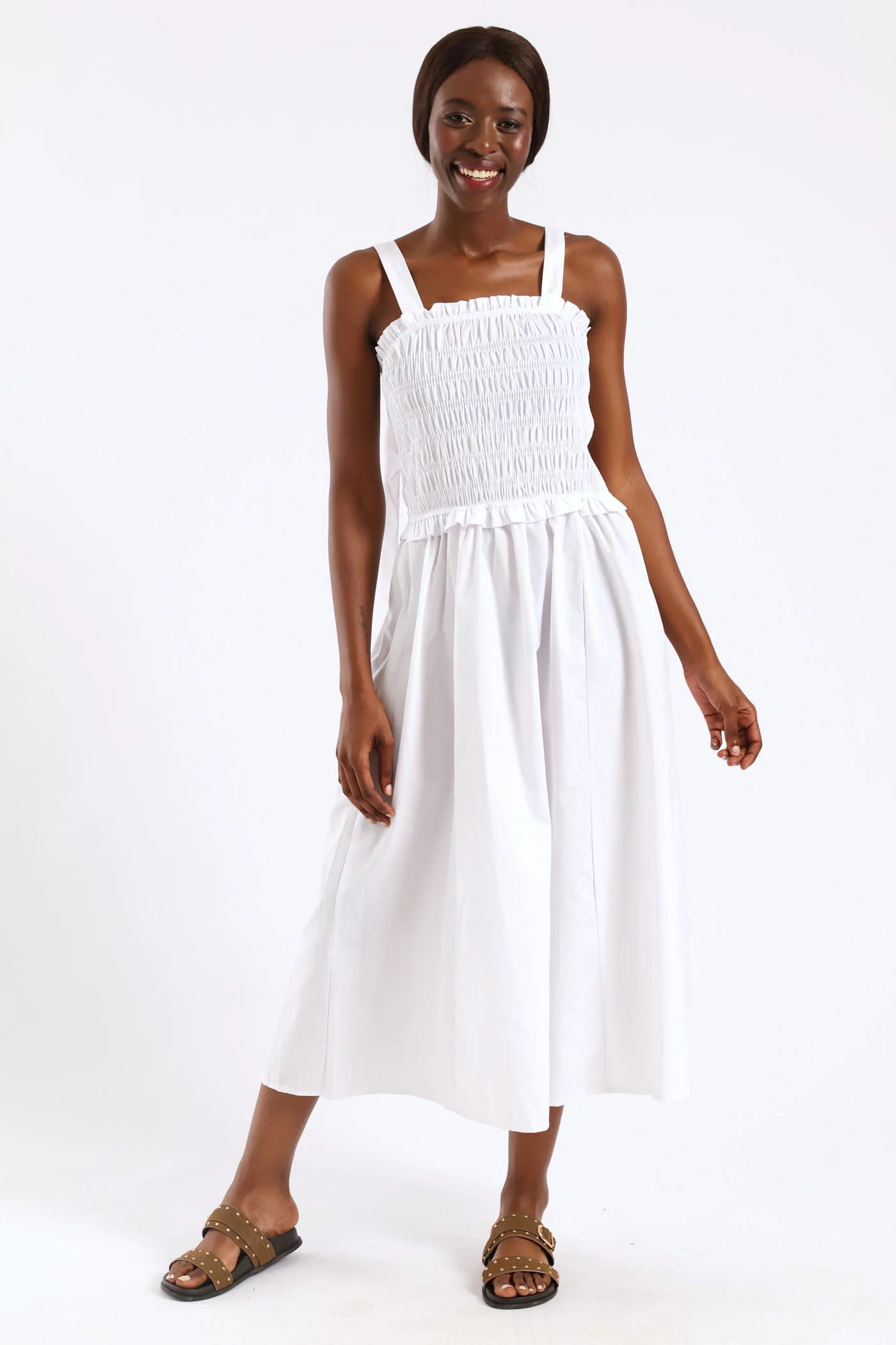 Shirred Poplin Midi Dress - White
