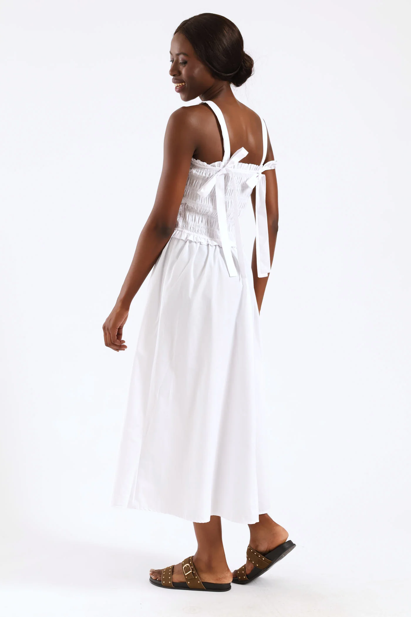 Shirred Poplin Midi Dress - White - Image 3