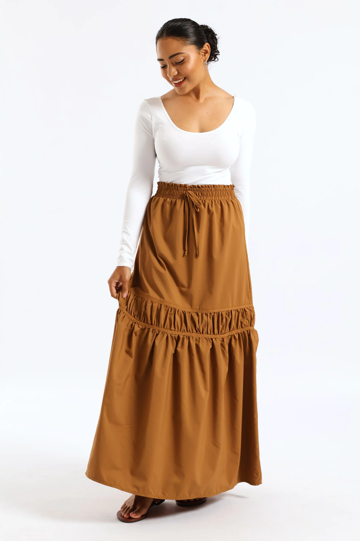 Shirred Tie Poplin Midaxi Skirt - Brown - Image 2