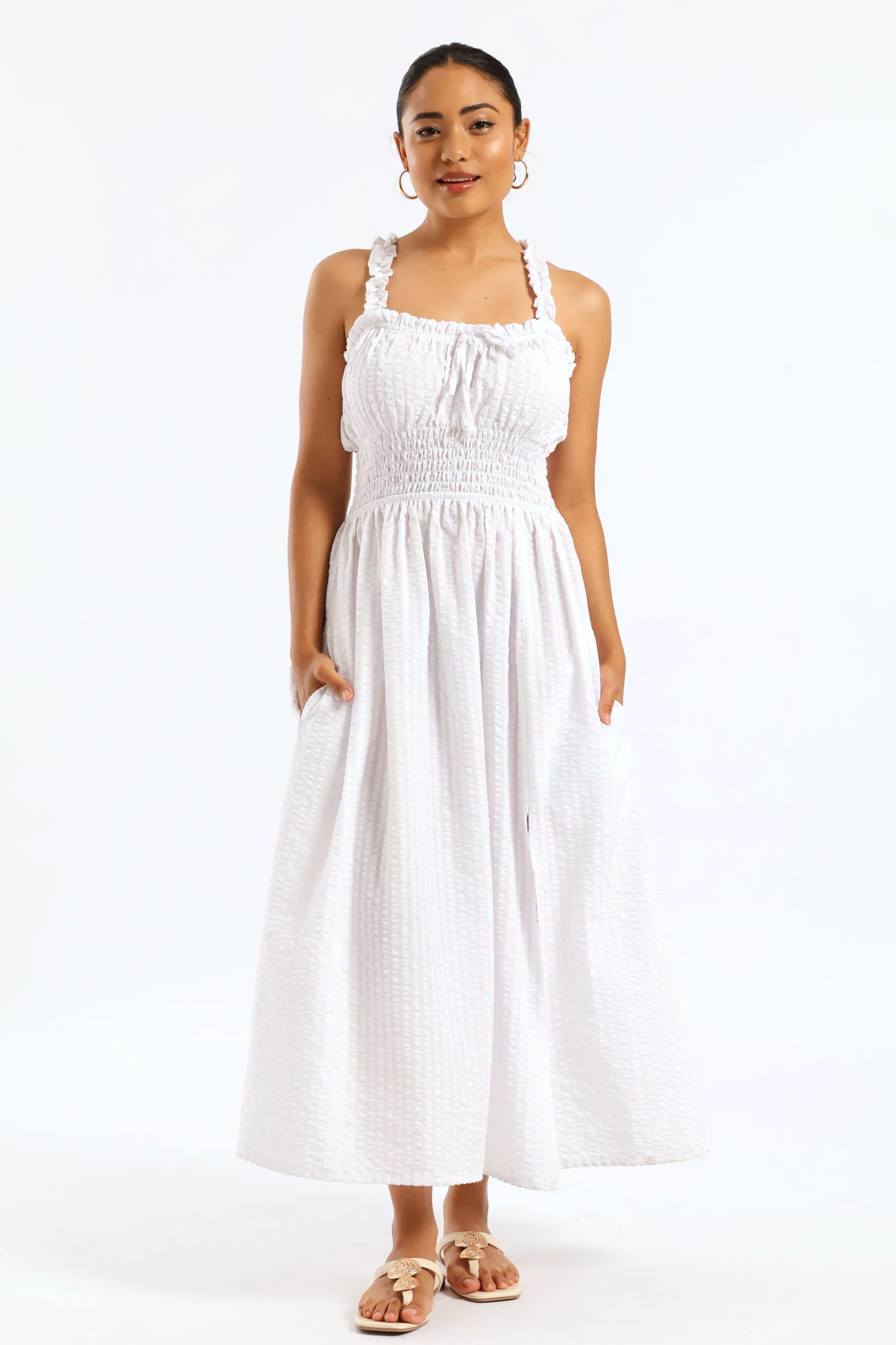 Shirred Waist Check Midi Dress - White