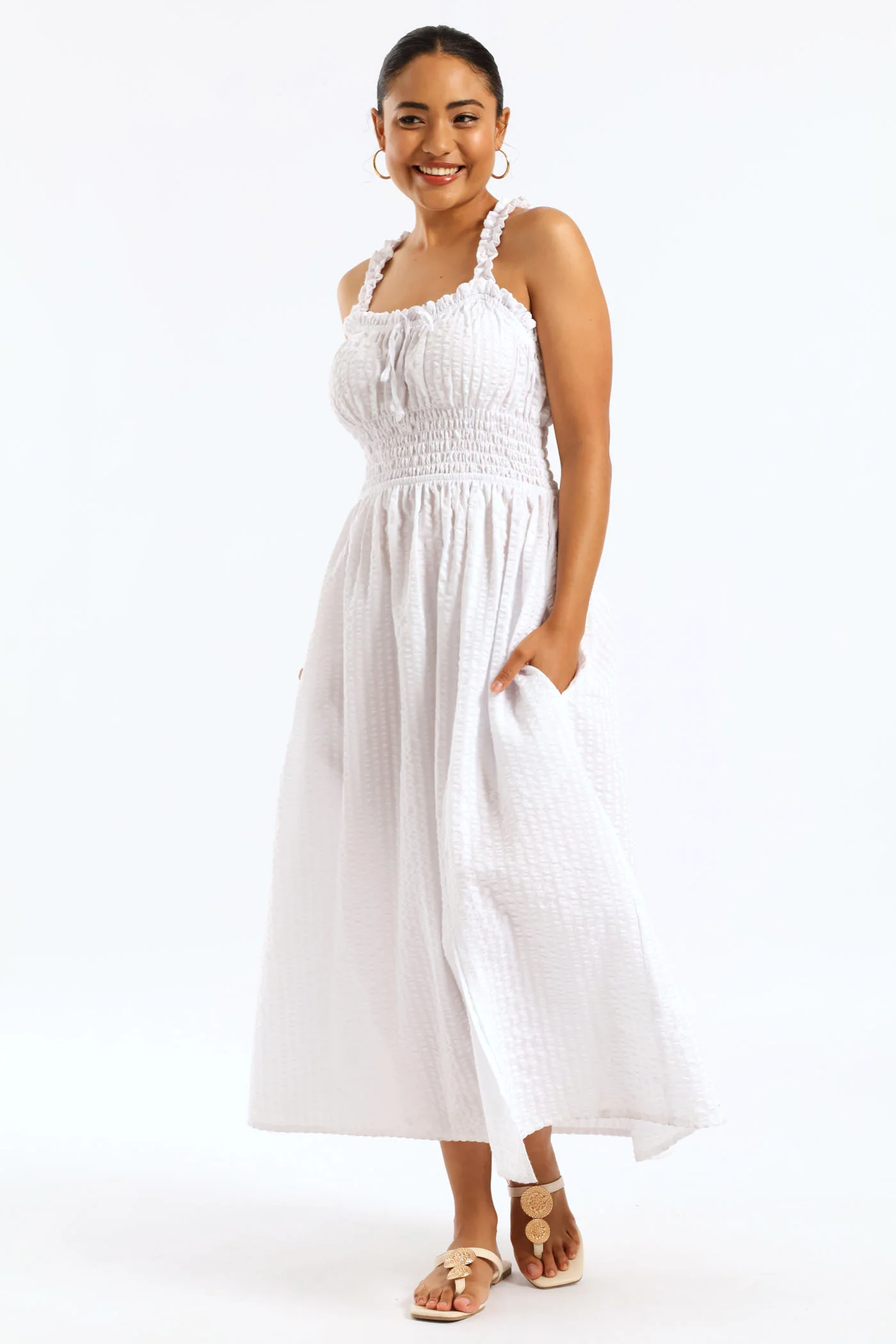 Shirred Waist Check Midi Dress - White - Image 2