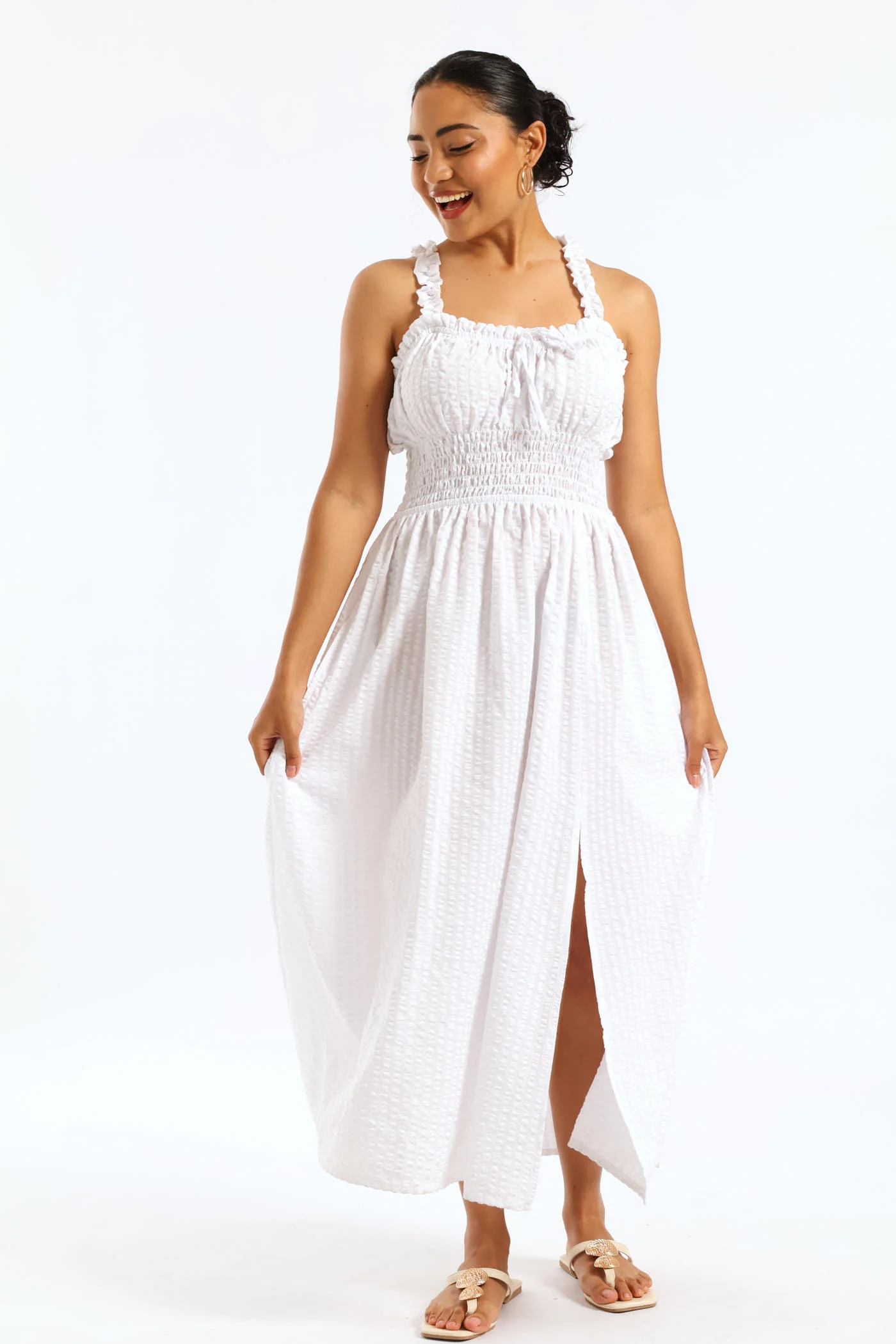 Shirred Waist Check Midi Dress - White - Image 3