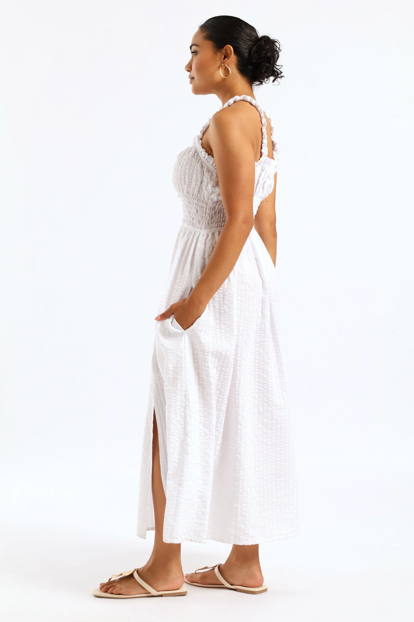 Shirred Waist Check Midi Dress - White - Image 4