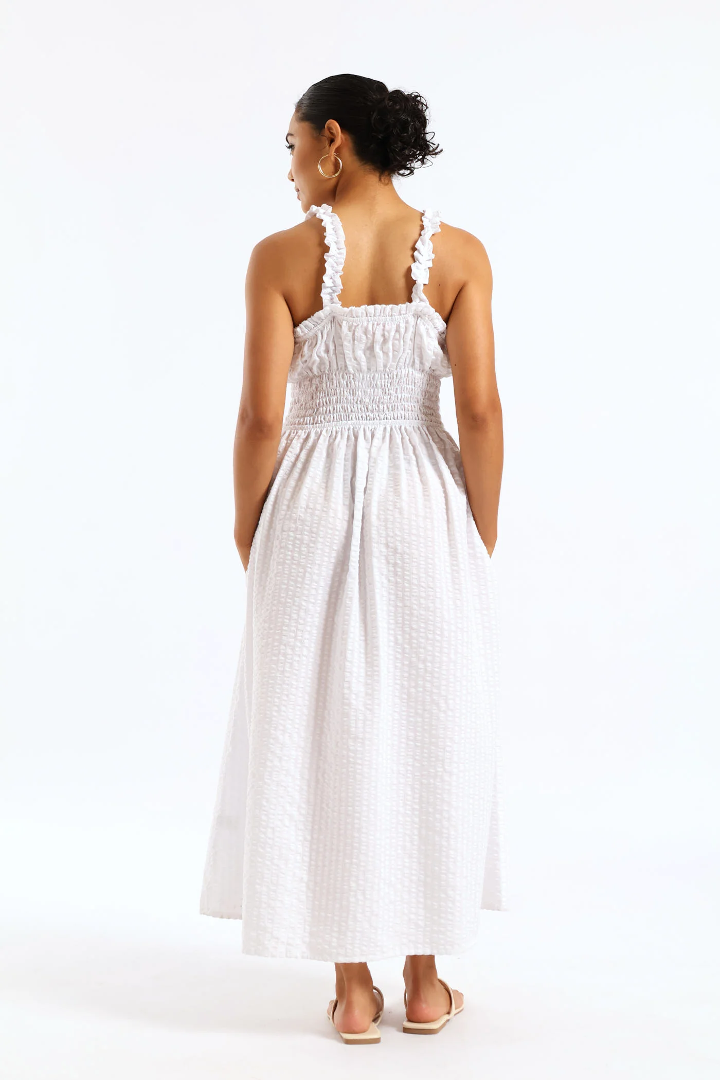 Shirred Waist Check Midi Dress - White - Image 5